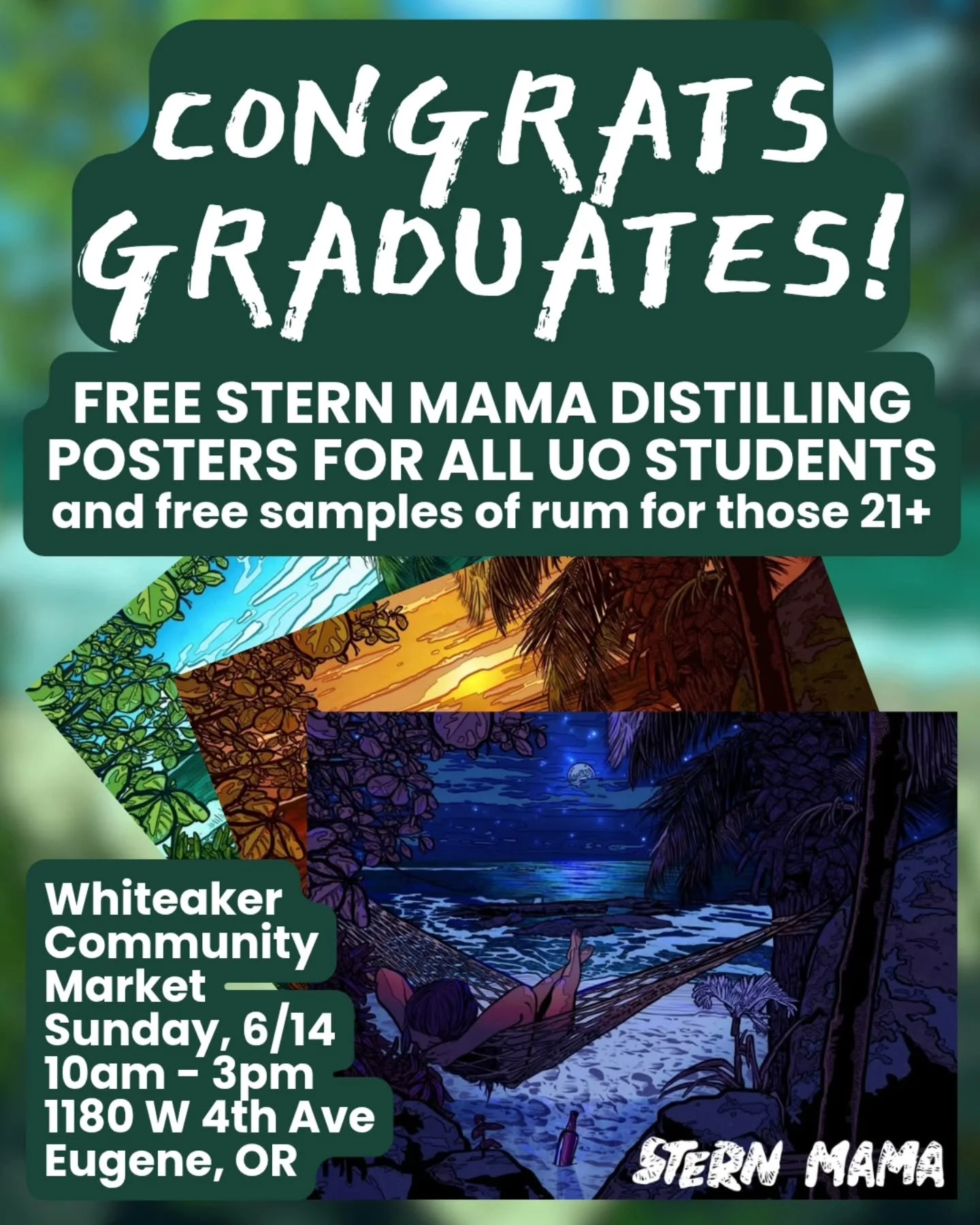 Congratulations graduates! 

In honor of the upcoming @uoregon graduation, Stern Mama is giving away posters to all UO students who stop by our booth at the next @whiteakercommunitymarket!

Our posters feature art from our rum labels designed by UO a