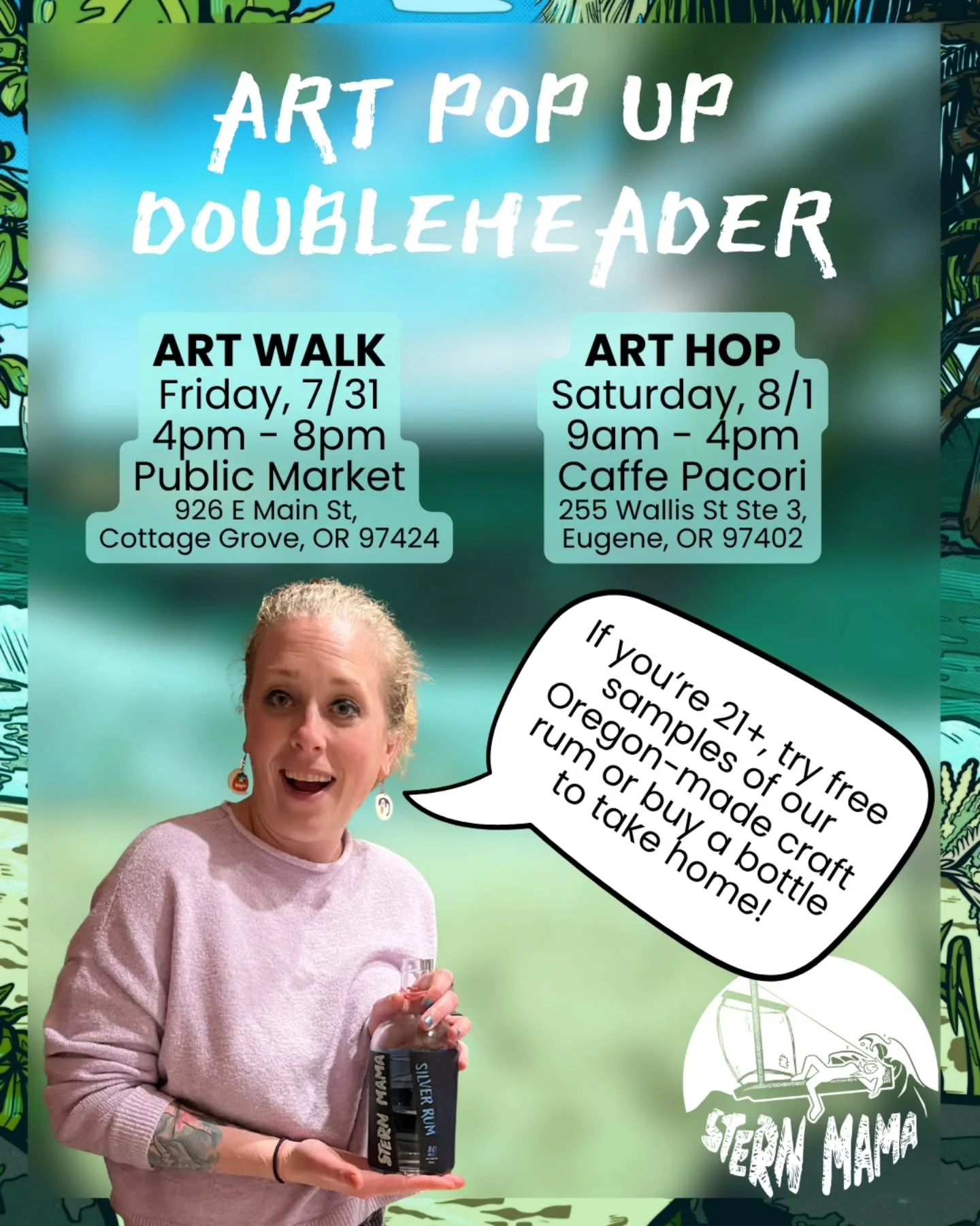 Stern Mama Distilling has TWO art pop ups next week!

You'll find us slinging rum at @cottagegrovepublicmarket next Friday, 7/31, 4pm-8pm as part of downtown's monthly Art Walk series.

Then we'll be at @caffepacori bright and early Saturday, 8/1, 9a