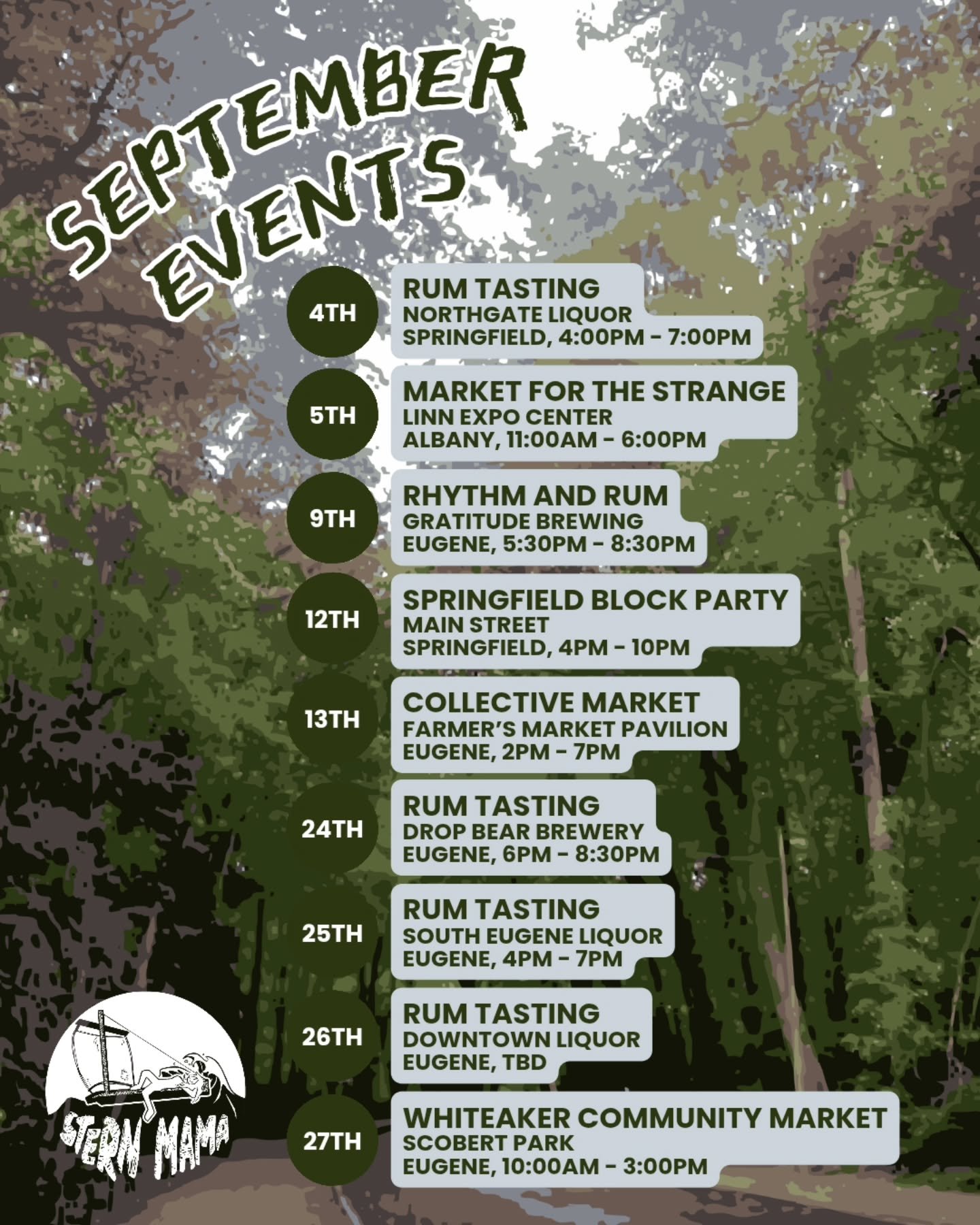 The sky is gray, the leaves are changing, the pavement is damp. September is upon us. And it may be Stern Mama's biggest month yet!

We're popping up at three markets this month (@marketforthestrange 9/4, @thecollectivemarketeugene 9/13, @whiteakerco