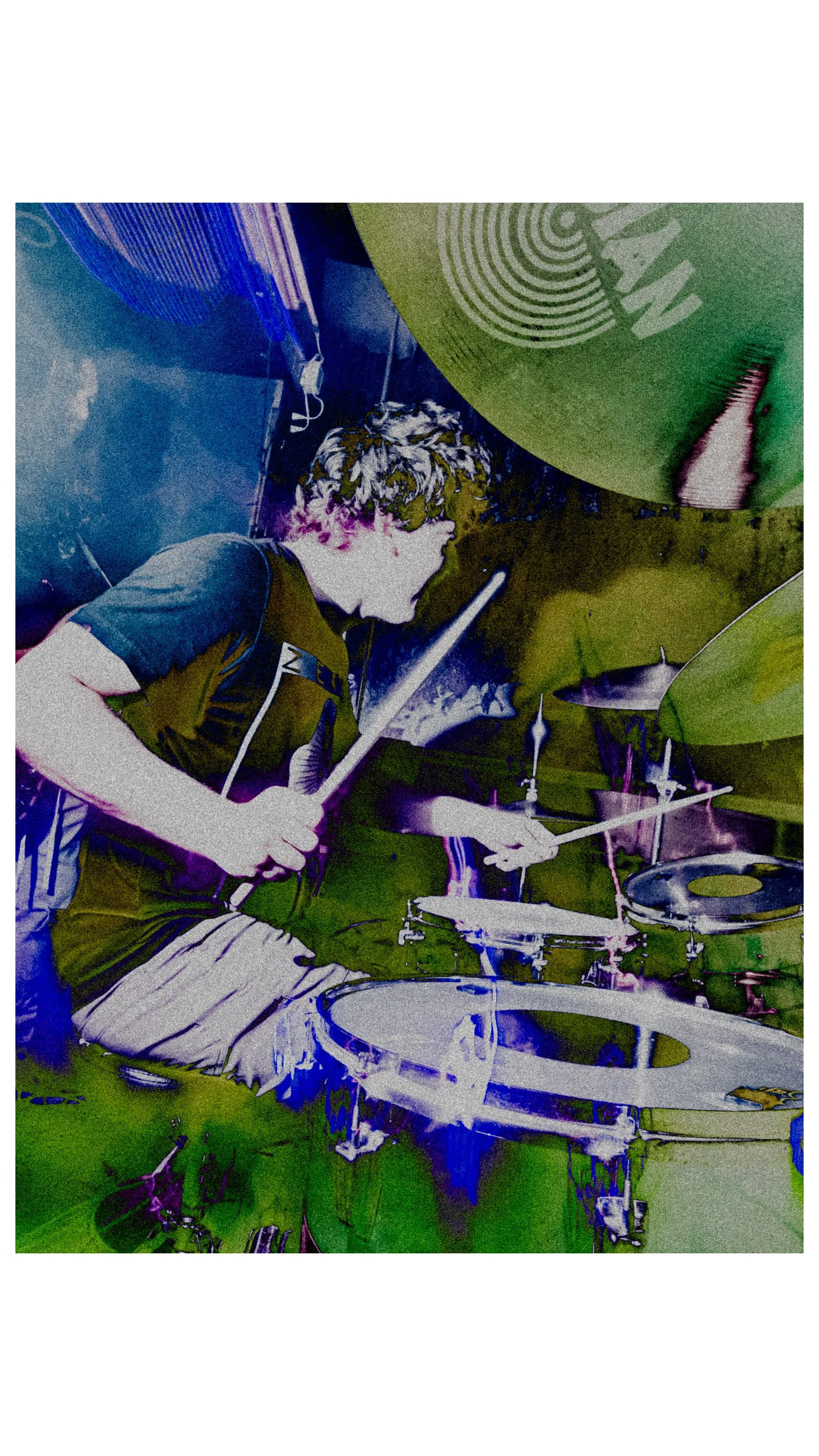 Psych rock drummer Pierson Whicker of the band Liquid Pennies playing the drums at The Bends in Saint Petersburg, Florida with a green cymbal and drum set visible.