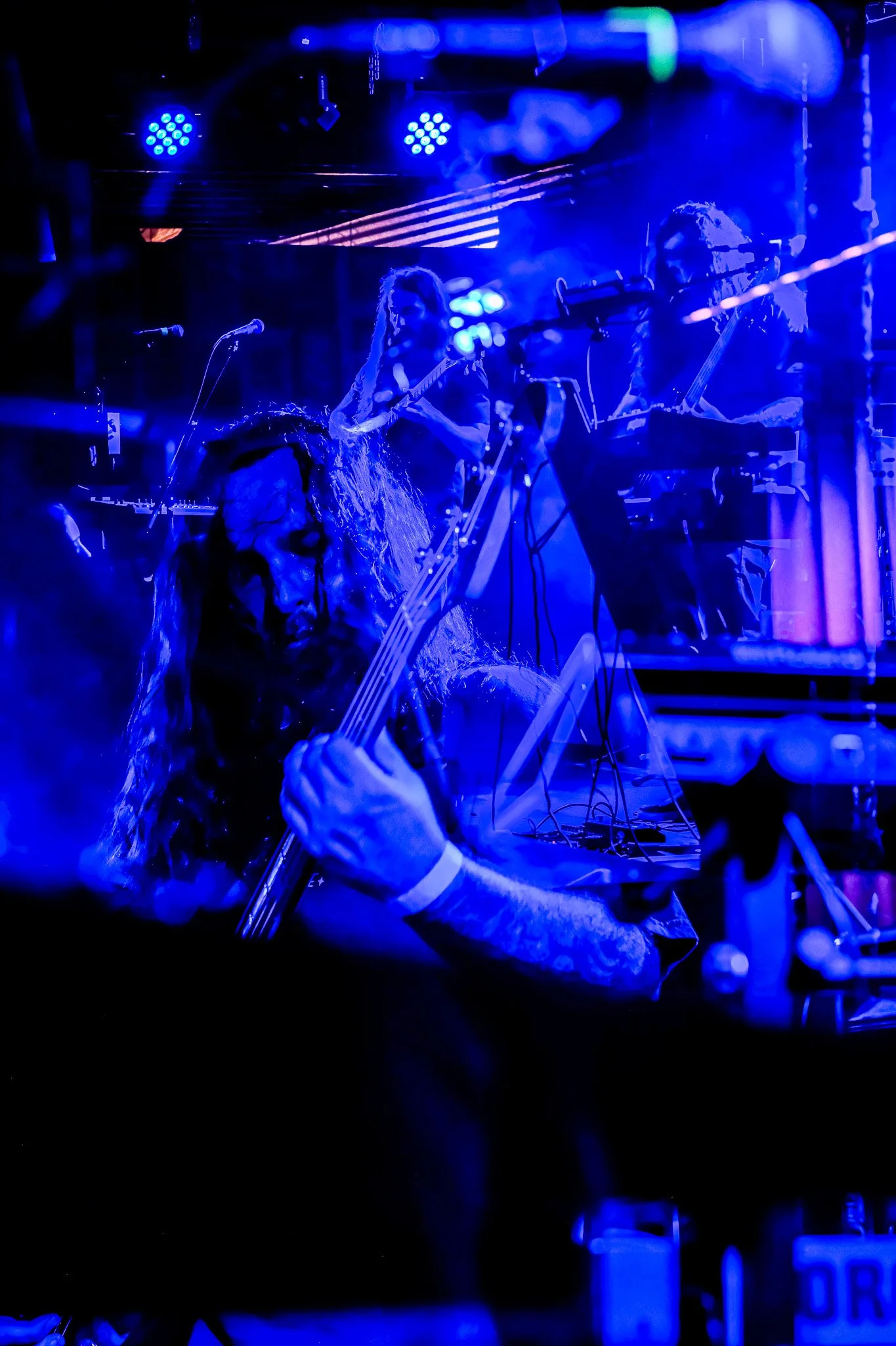 Musicians performing on stage illuminated with blue lighting, including a guitarist in the foreground and other band members in the background.