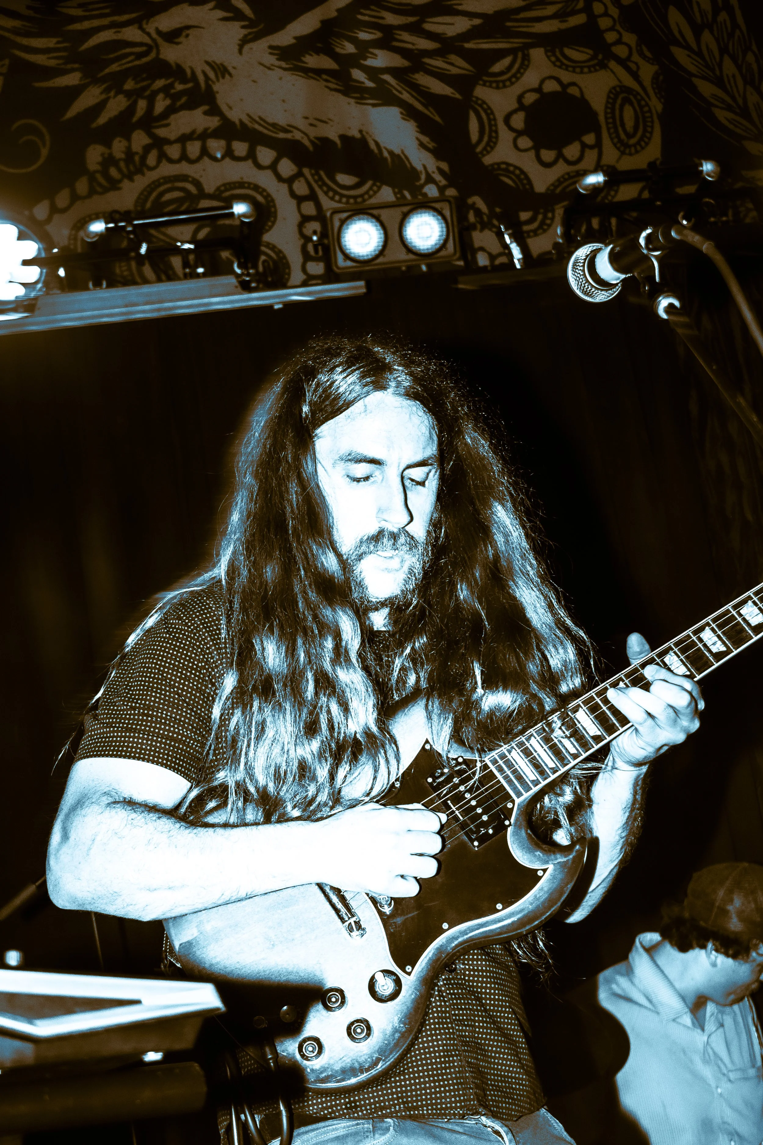 Musician with long hair and beard playing electric guitar on stage, dimly lit with stage lights and decorative art in the background.