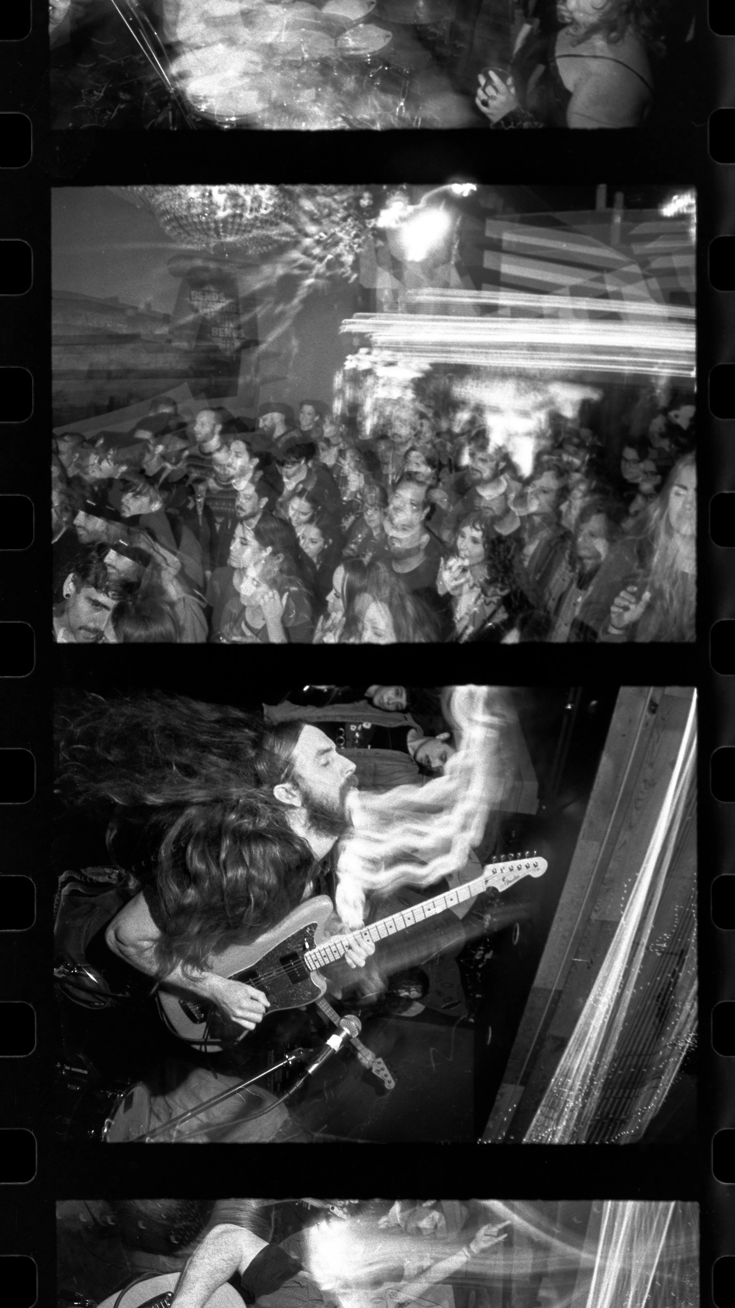Black-and-white photo strip of a live music performance and crowd. The middle frame shows a guitarist with long hair and a beard playing on stage. The top frame shows a crowded dance floor with people dancing and socializing. The bottom frame shows a