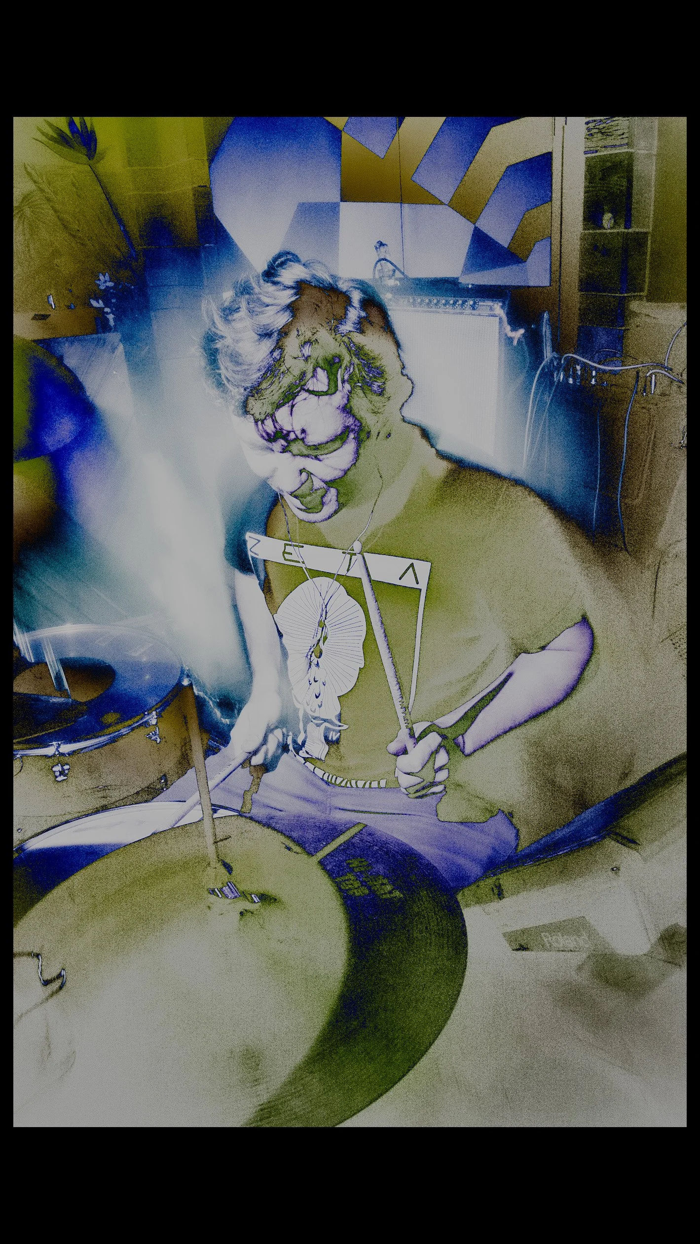 Pierson Whicker of Tampa Bay Psych Rock band Liquid Pennies playing drums, holding drumsticks, wearing a graphic t-shirt, with a lion's face superimposed on their head. The image has a negative filter applied.