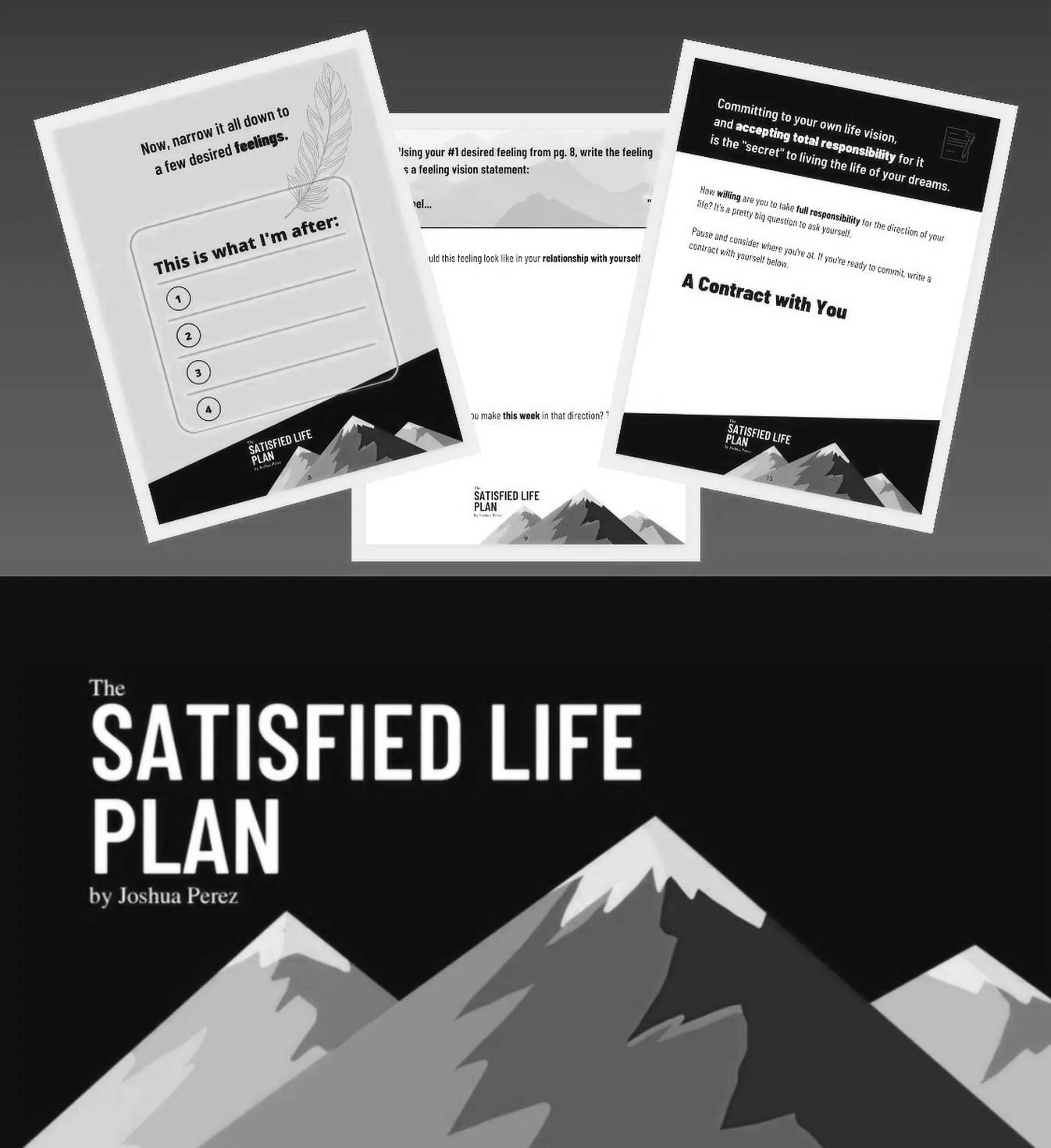 Book cover titled "The Satisfied Life Plan" by Joshua Hood with illustrations of mountains.