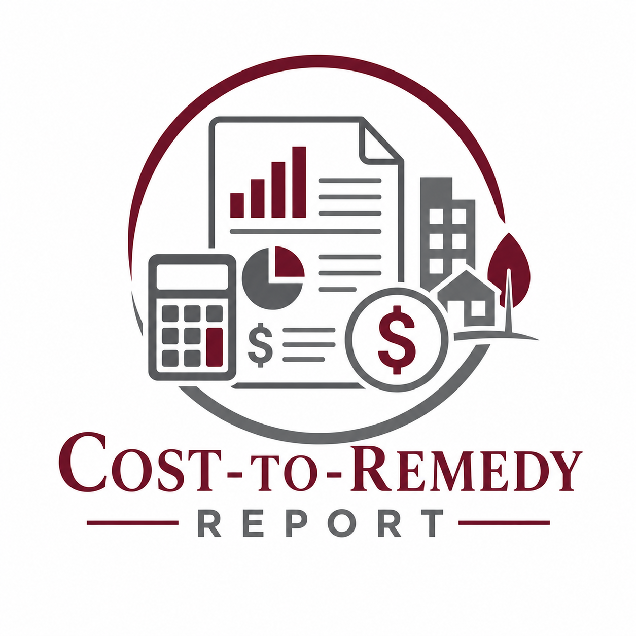 A logo for a financial report titled 'Cost-to-Remedy Report' featuring a calculator, dollar sign, pie chart, bar graph, house, and office building, all surrounded by a circular arrow and a leaf.