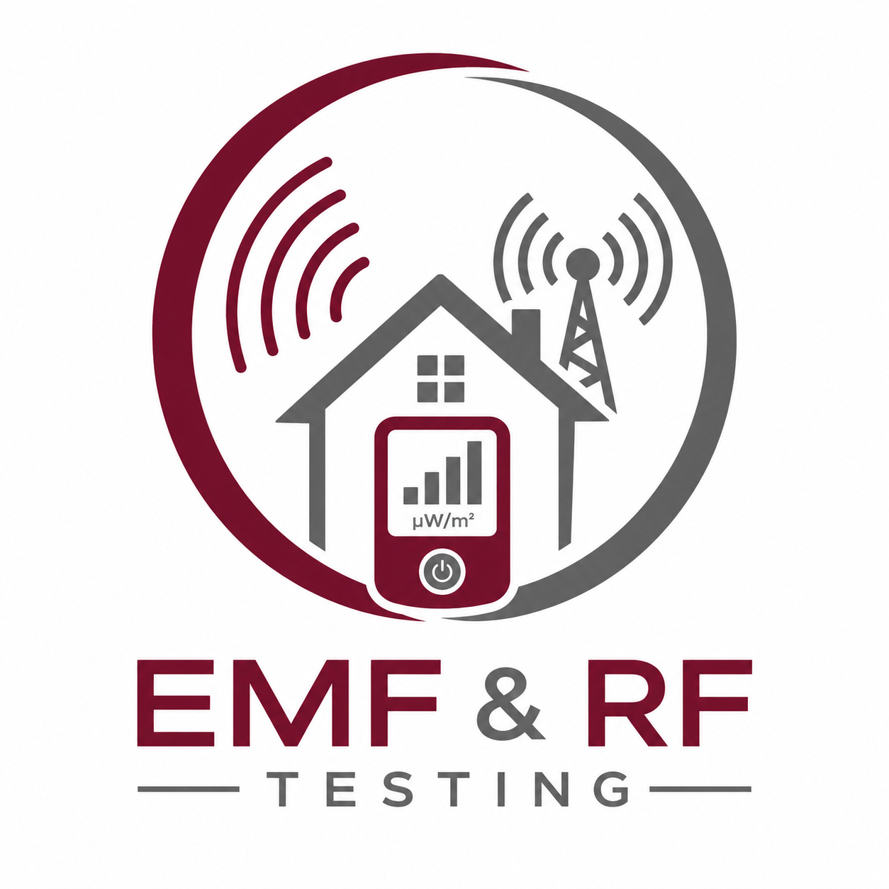 A graphic illustrating electromagnetic field (EMF) and radiofrequency (RF) testing, featuring a house, a smartphone with a signal strength icon, and two Wi-Fi towers emitting signals, enclosed in a circular design with text 'EMF & RF Testing' below.