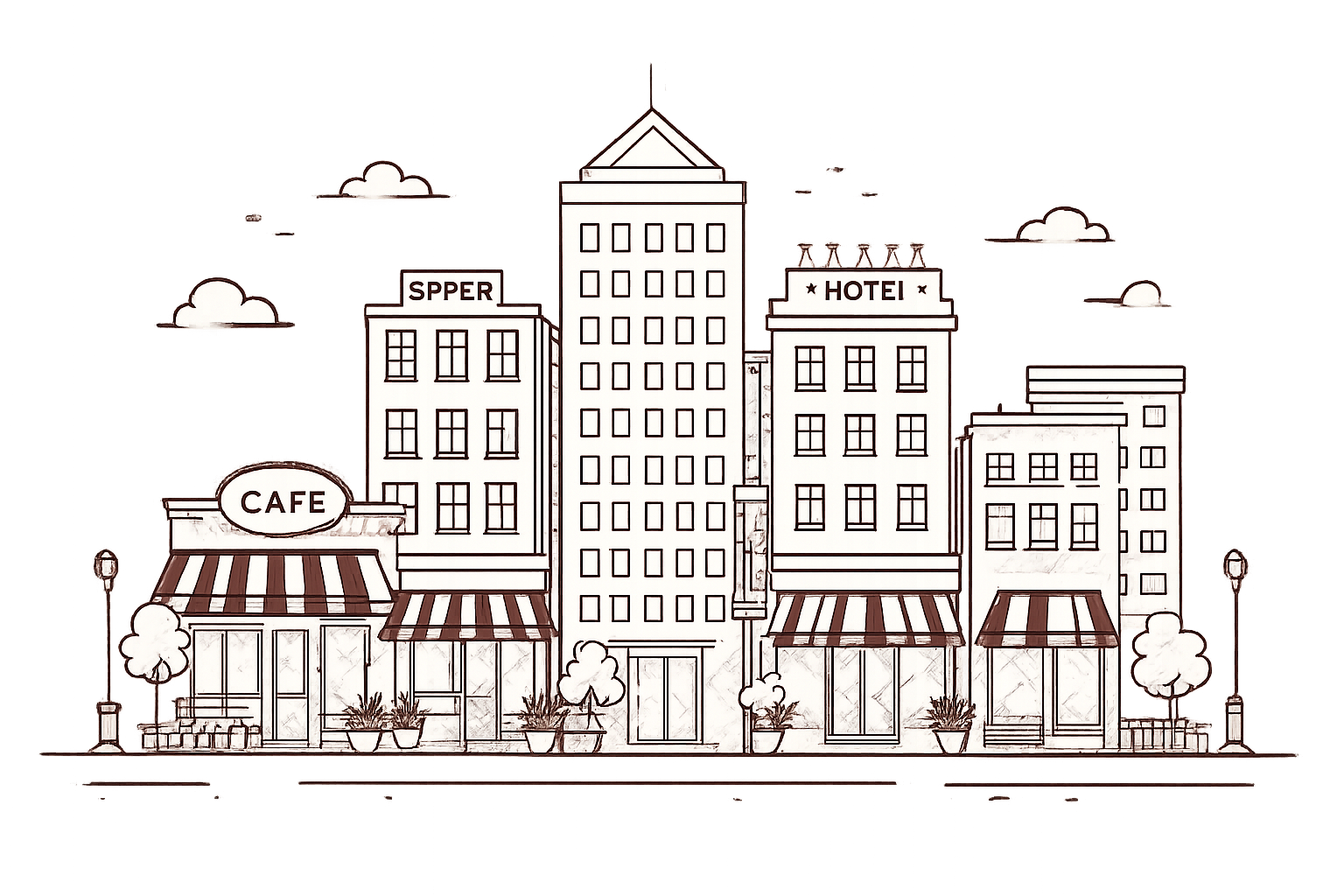 Line art illustration of a city street with tall buildings, including a hotel, a café with striped awning, and small trees in planters.
