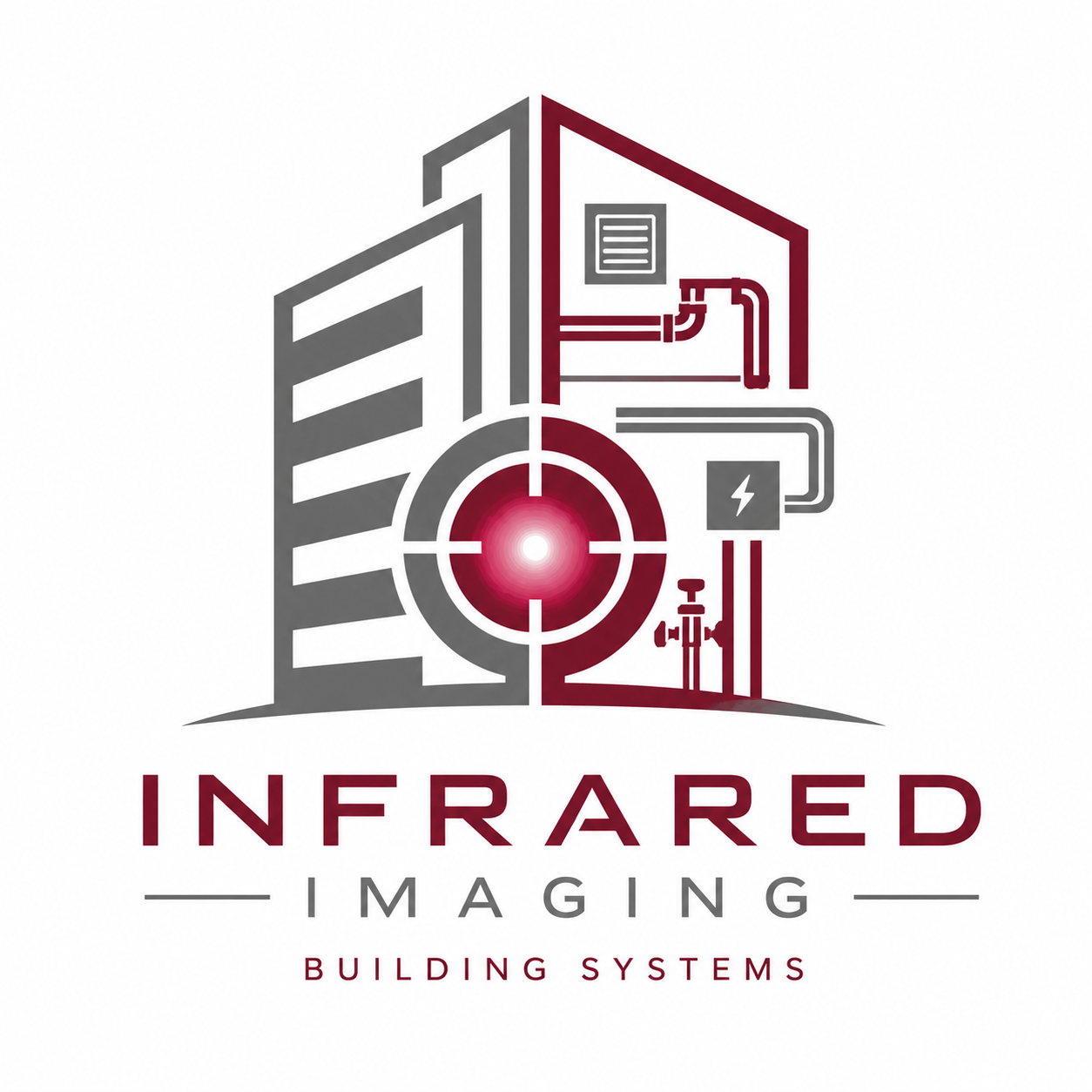 Logo for Infrared Imaging Building Systems featuring an abstract building with a central infrared target and various technical elements.