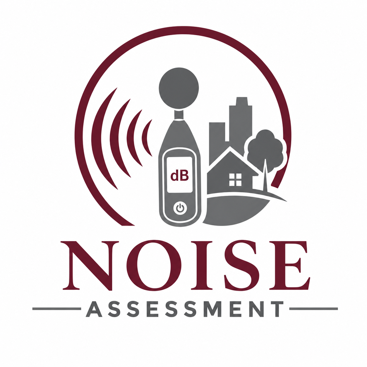 A graphic logo for Noise Assessment featuring a stylized cityscape with houses, trees, and buildings. In the foreground, there is a noise level meter displaying 'dB' and volume wave symbols indicating sound levels. The logo includes a large circle with a maroon outline and the text 'NOISE ASSESSMENT' below, with 'NOISE' in large maroon letters and 'ASSESSMENT' in smaller gray letters.
