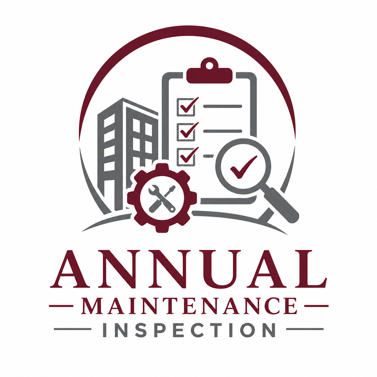 Graphic representing annual building maintenance inspection, featuring a cityscape, checklist with checkmarks, magnifying glass, gear with tools, and the text 'Annual Maintenance Inspection'.