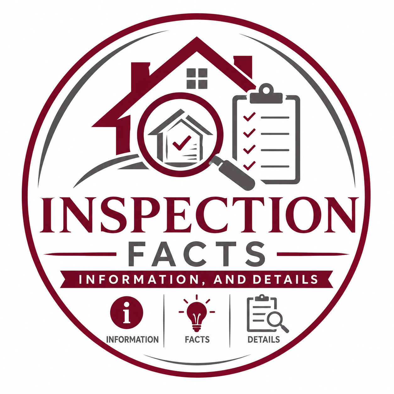 A circular graphic with a house and magnifying glass, a clipboard with checkmarks, and text elements related to inspection facts, information, and details.