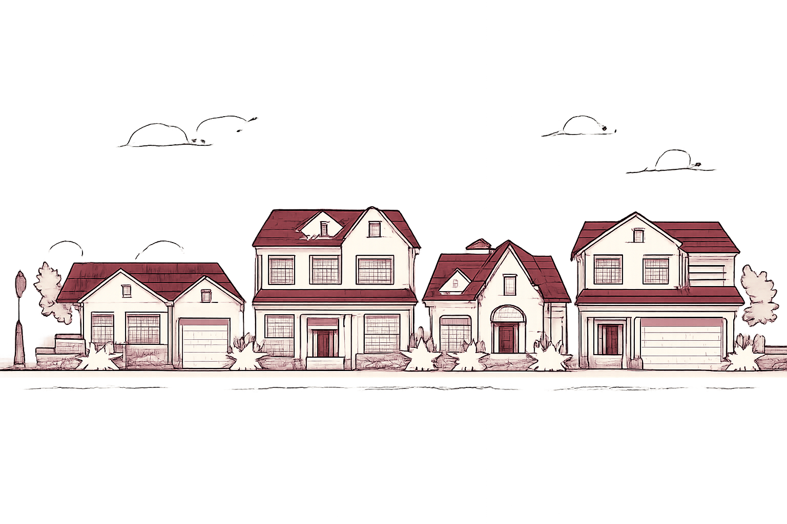 Illustration of a row of white houses with red roofs, front yards with bushes, and a street in front.