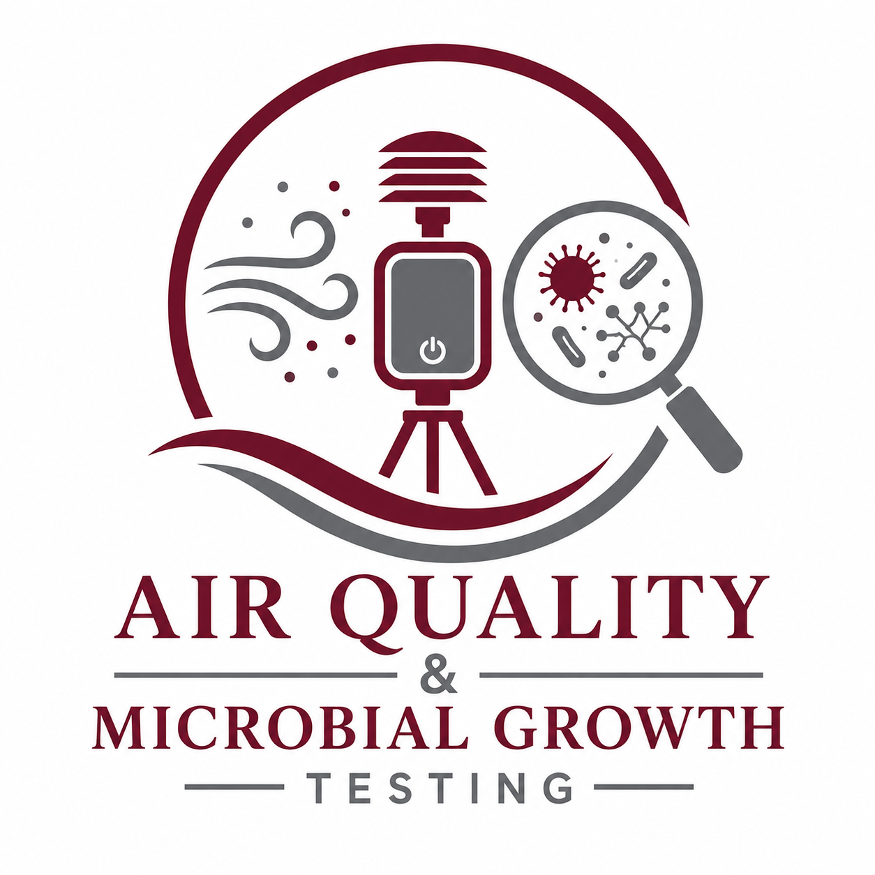 Logo for air quality and microbial growth testing featuring a particle counter, a microscope showing germs and bacteria, and a device on tripods with text 'Air Quality & Microbial Growth Testing'.