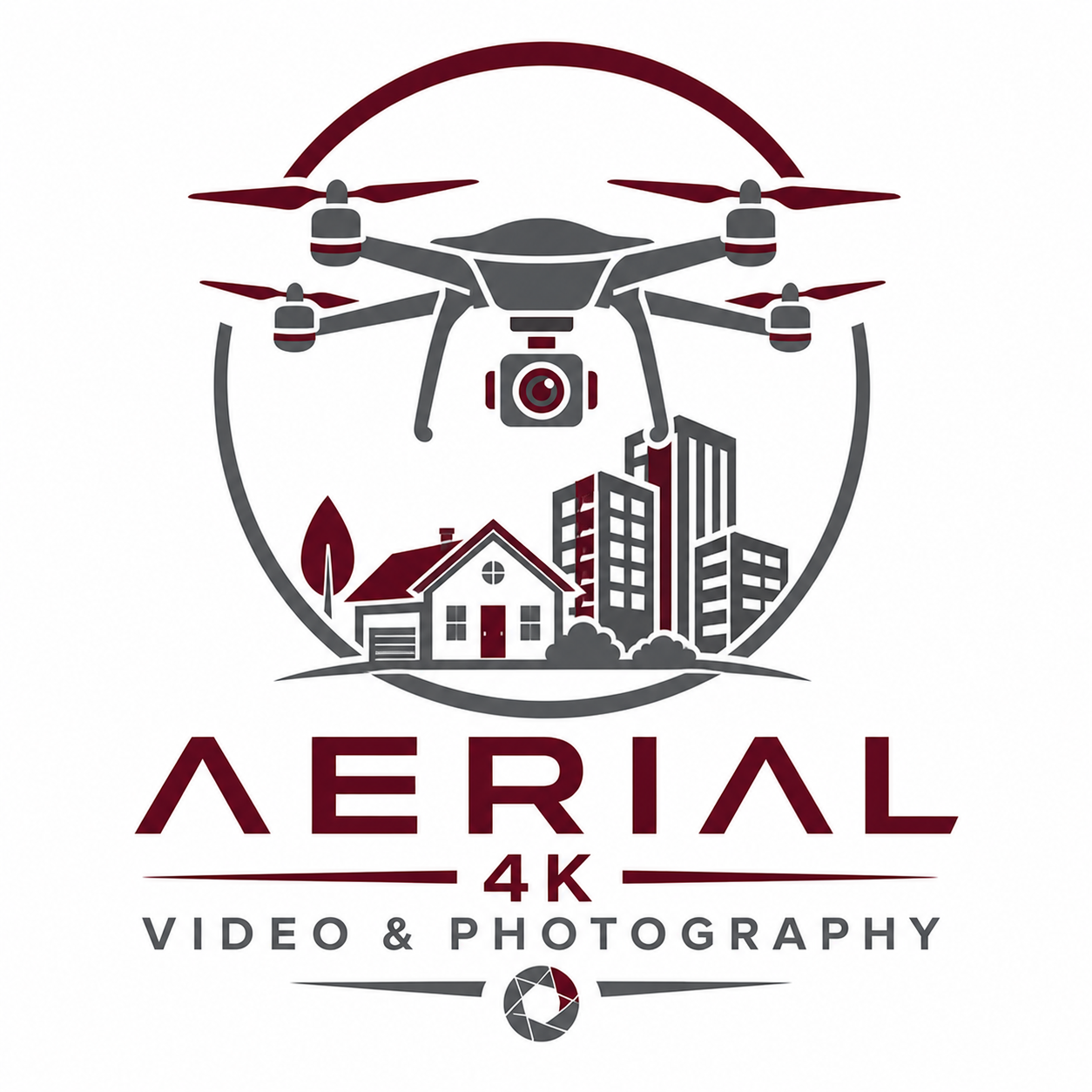 Logo for Aerial 4K Video & Photography featuring a drone hovering above a cityscape with houses and skyscrapers.
