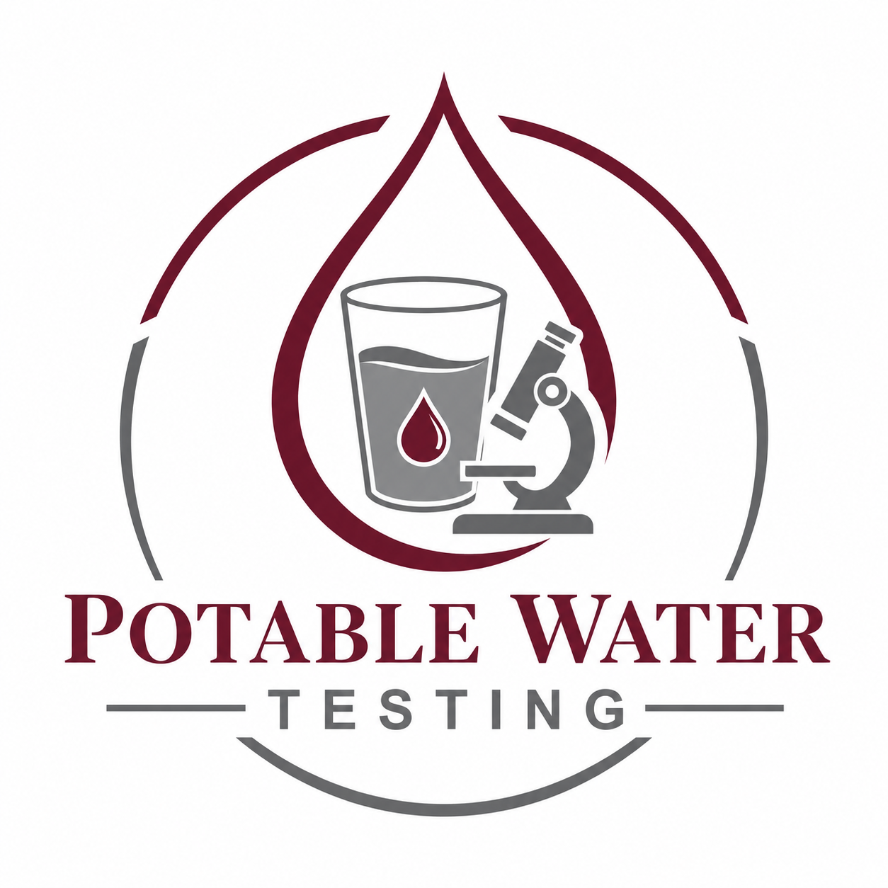 A logo for potable water testing featuring a glass of water with a droplet, a microscope, and the words "Potable Water Testing"