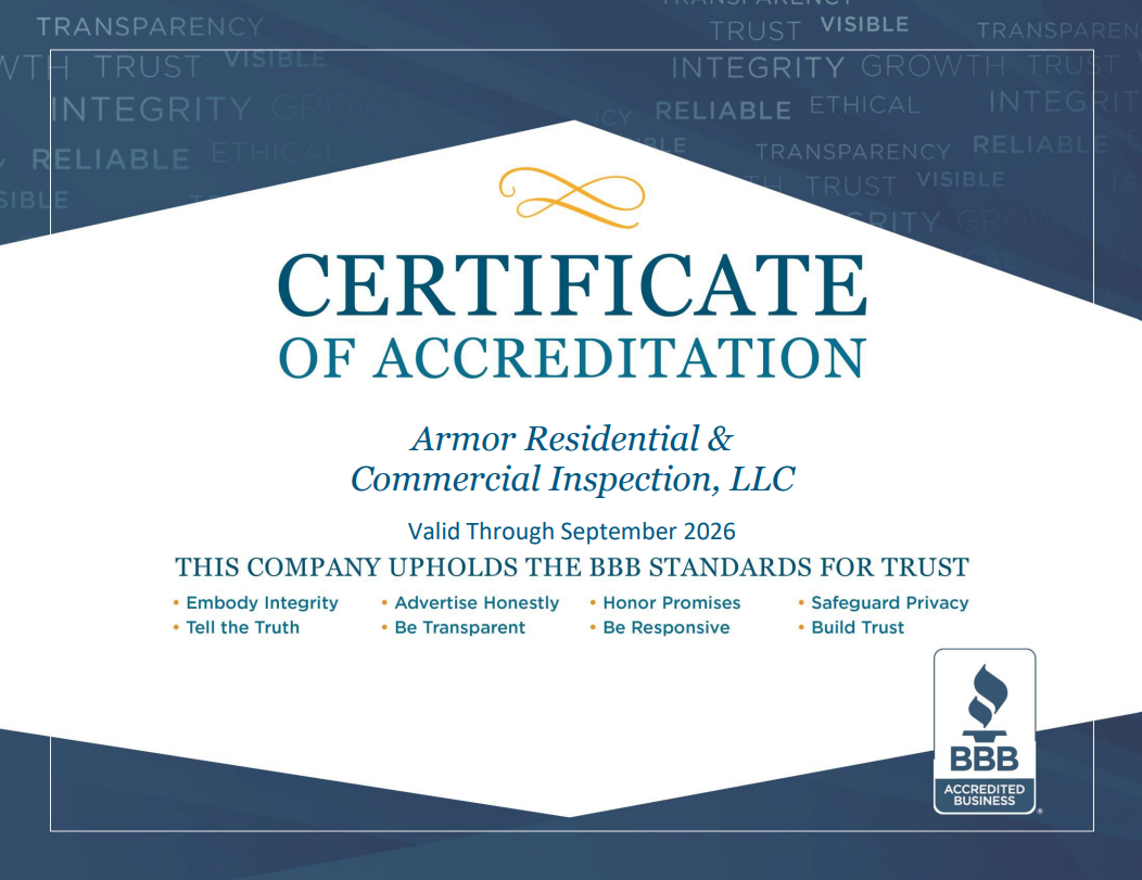 Certificate of accreditation awarded to Armor Residential & Commercial Inspection, LLC, valid through September 2026, emphasizing trust, integrity, transparency, and adherence to BBB standards.