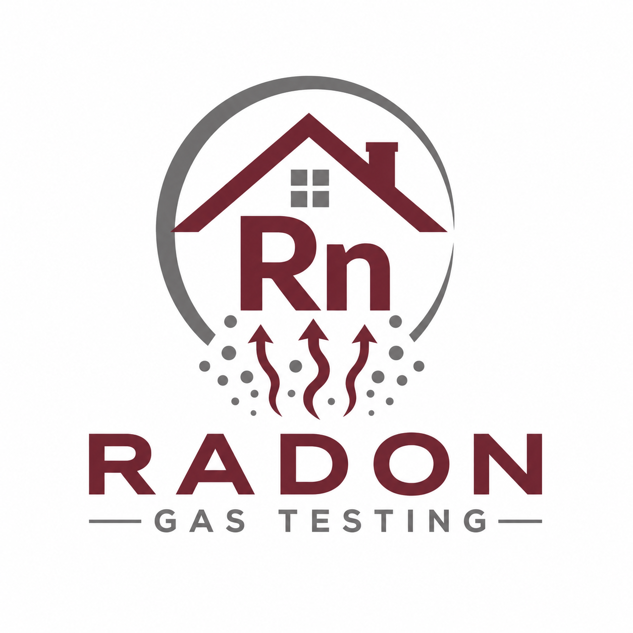 Logo for Radon Gas Testing featuring a house with a chimney and window, a large 'Rn' symbol, arrows indicating radon gas entering the home, bubbles representing gas molecules, and the text 'RADON GAS TESTING'.