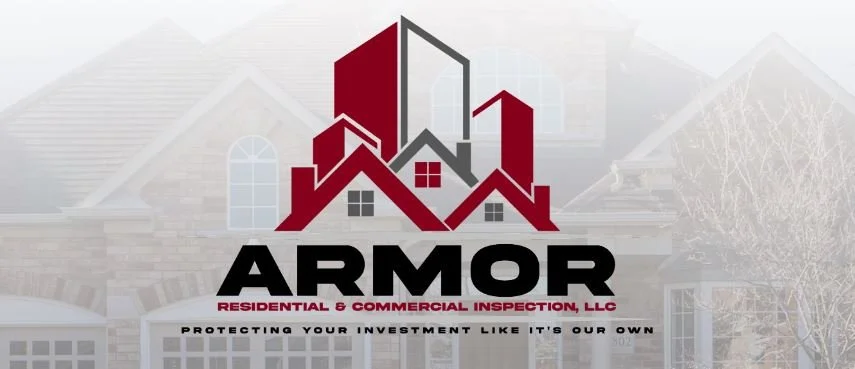 Logo for Armor Residential & Commercial Inspection, LLC with images of houses and high-rise buildings in the background and the tagline 'Protecting your investment like it's our own.'