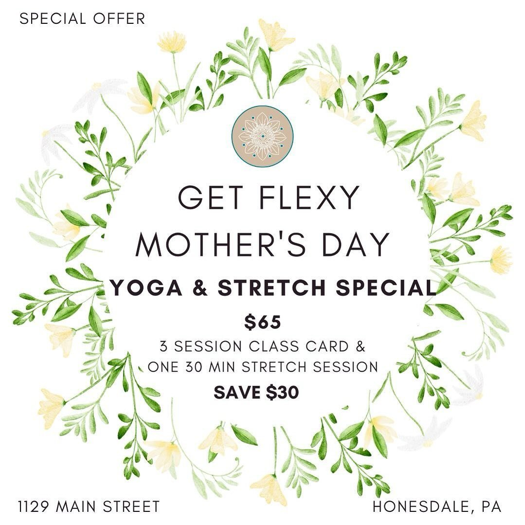 Do you have a special Momma in your life that needs a gift of self care?  This special package is the perfect entry in to our studio. Try three classes and receive a 30 minutes stretch session.  This is offer will be available throughout the weekend 