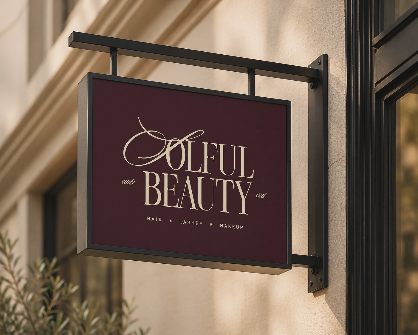 Exterior sign for Solful Beauty, a beauty salon offering hair, lashes, and makeup services, mounted on a beige wall beside a window.