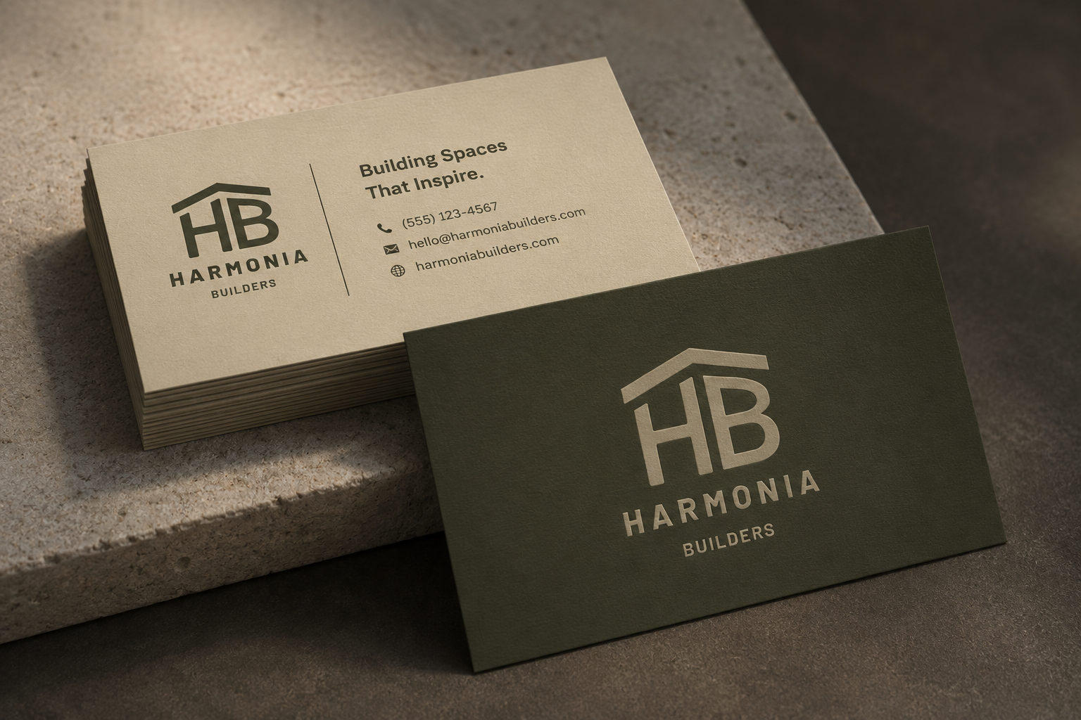 Stack of beige and green business cards for Harmonia Builders, featuring logo, contact info, and slogan on beige card, with logo and name on green card.