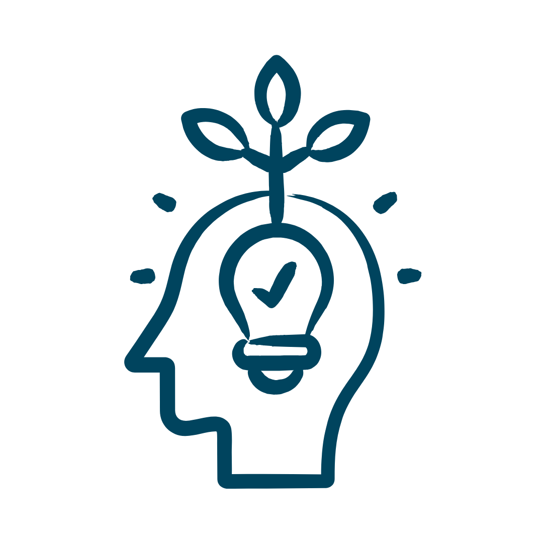 A line illustration of a head profile with lightbulb and sprouting plant, symbolising dynamic, screen-free learning instead of passive, static leadership training.