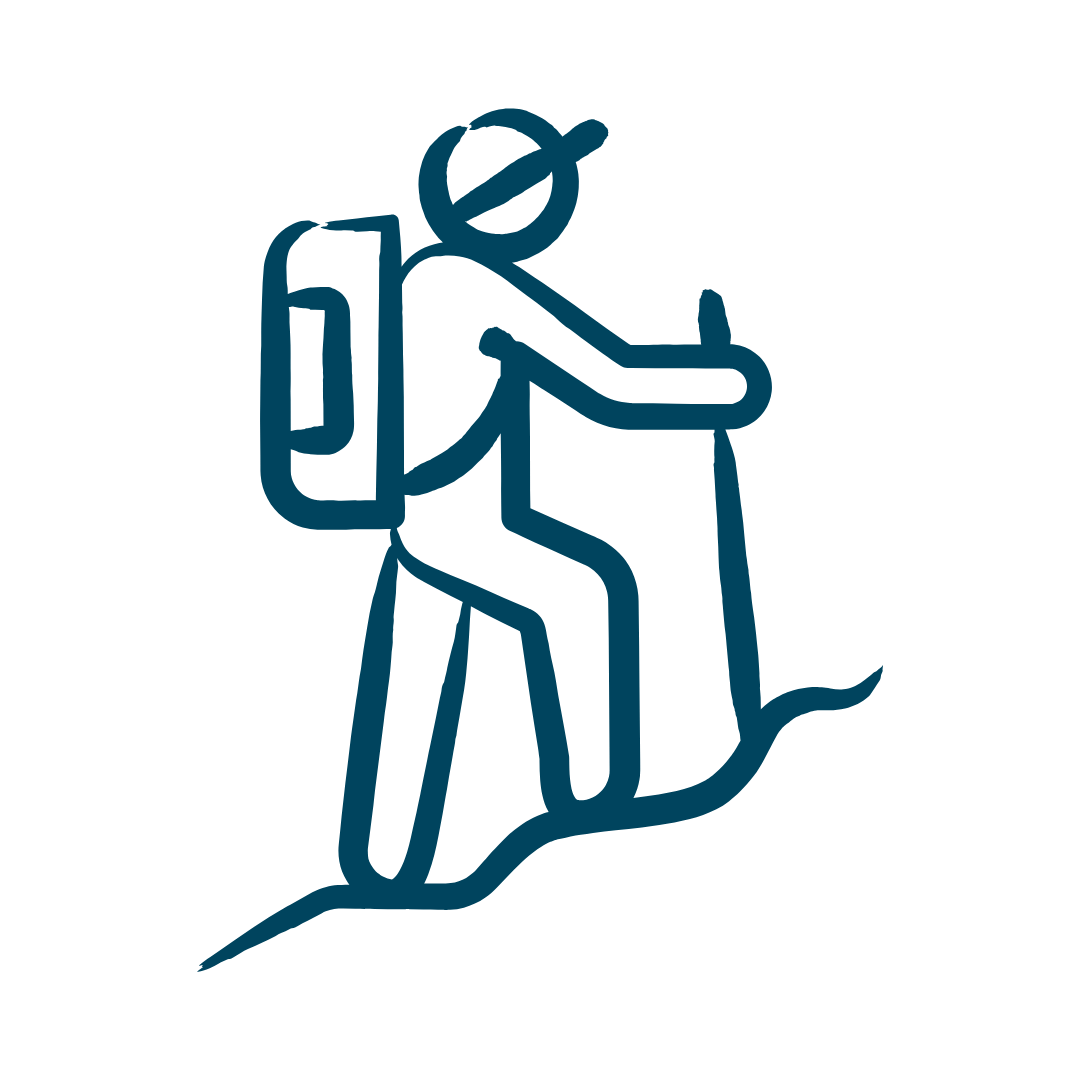 A line illustration of a hiker with backpack climbing upward, representing hands-on, immersive leadership experiences instead of PowerPoint presentations and abstract theories.