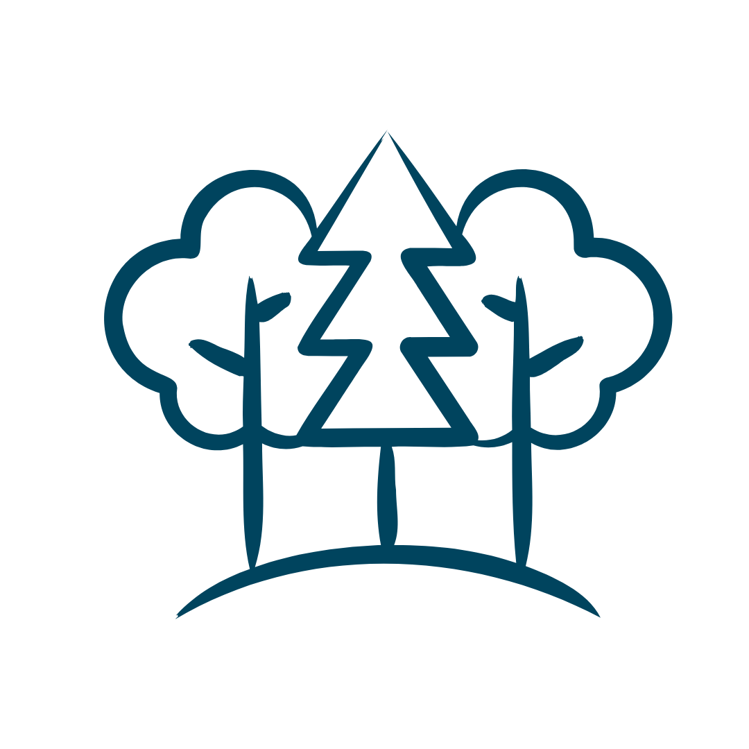 A line illustration of trees and mountains with lightning, symbolizing awe-inspiring natural environments used in leadership development programs instead of office spaces.