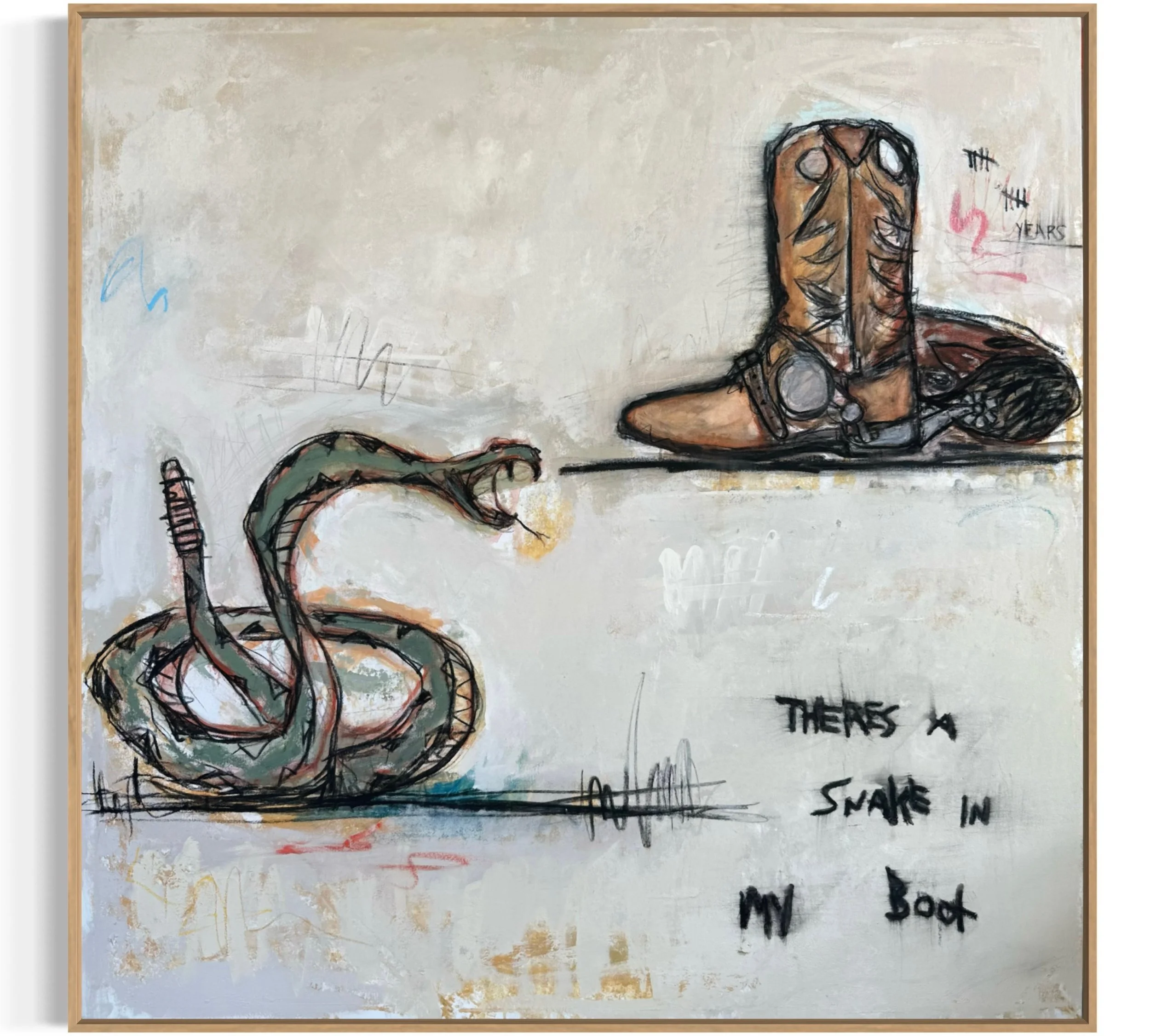A mixed media artwork on canvas depicting a knight in armor and a snake, with handwritten words and phrases around the figures. The style is expressive with bold black lines and muted colors, and the background is mostly white with some colored scribbles.
