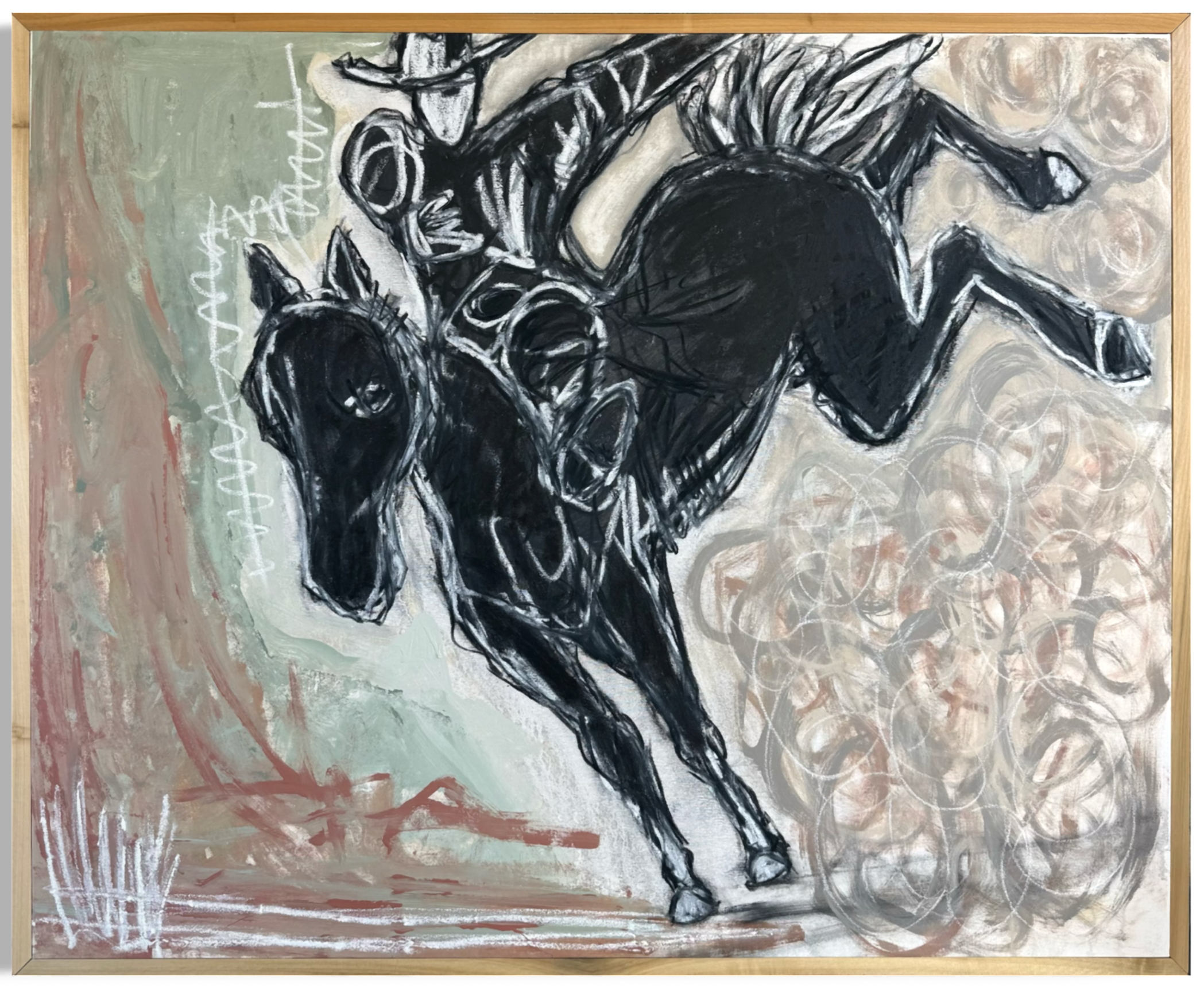 A black and white abstract art painting of a horse with a background of muted pastel colors and white scribbles.