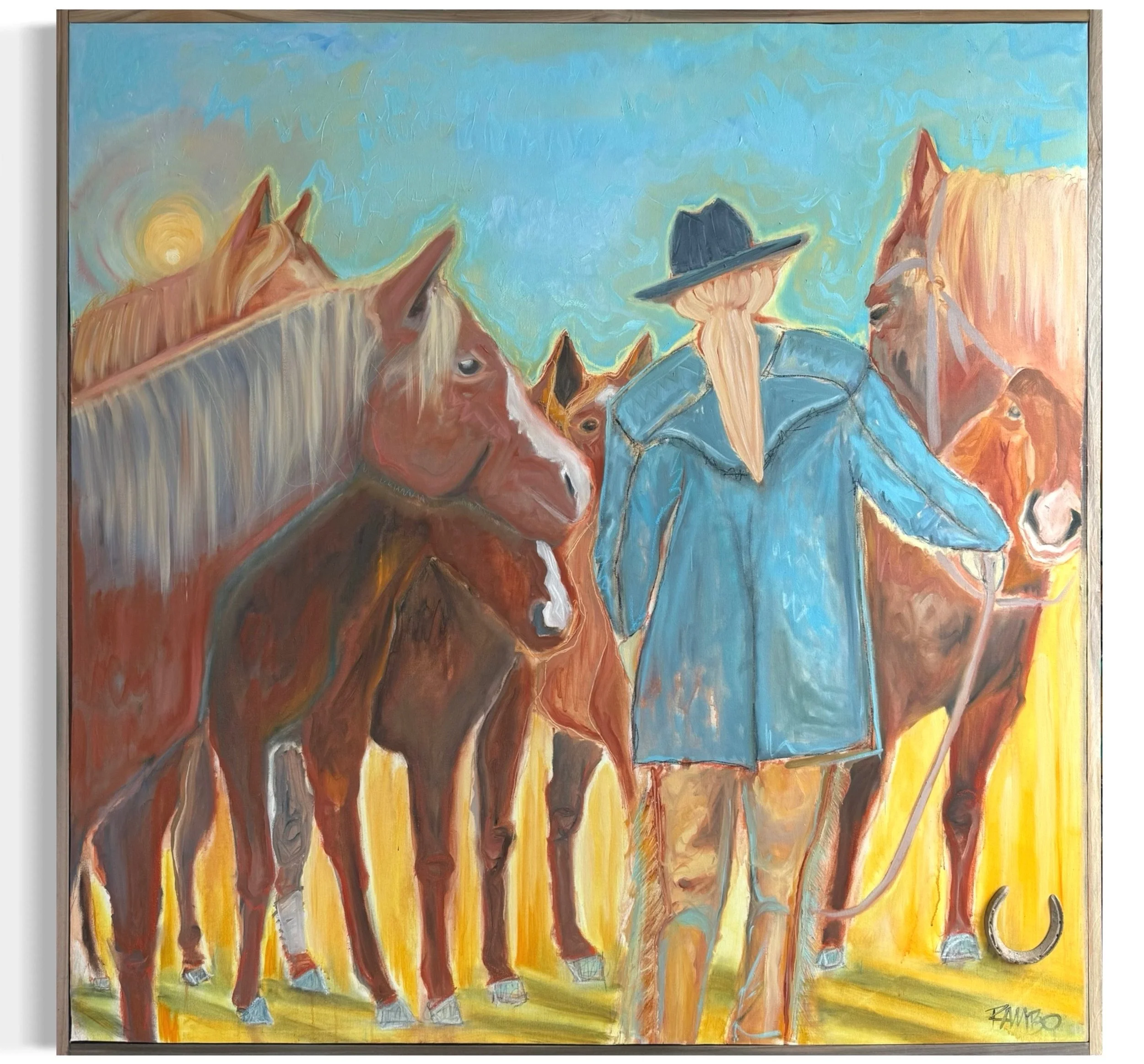 A colorful painting depicting a woman with long hair and a wide-brimmed hat walking alongside several horses under a blue sky with a setting or rising sun.