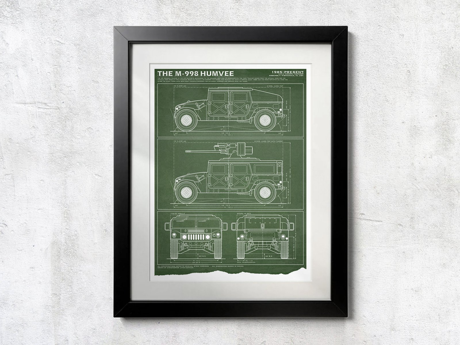 M-998 Military Humvee Blueprint - Unframed Poster Print