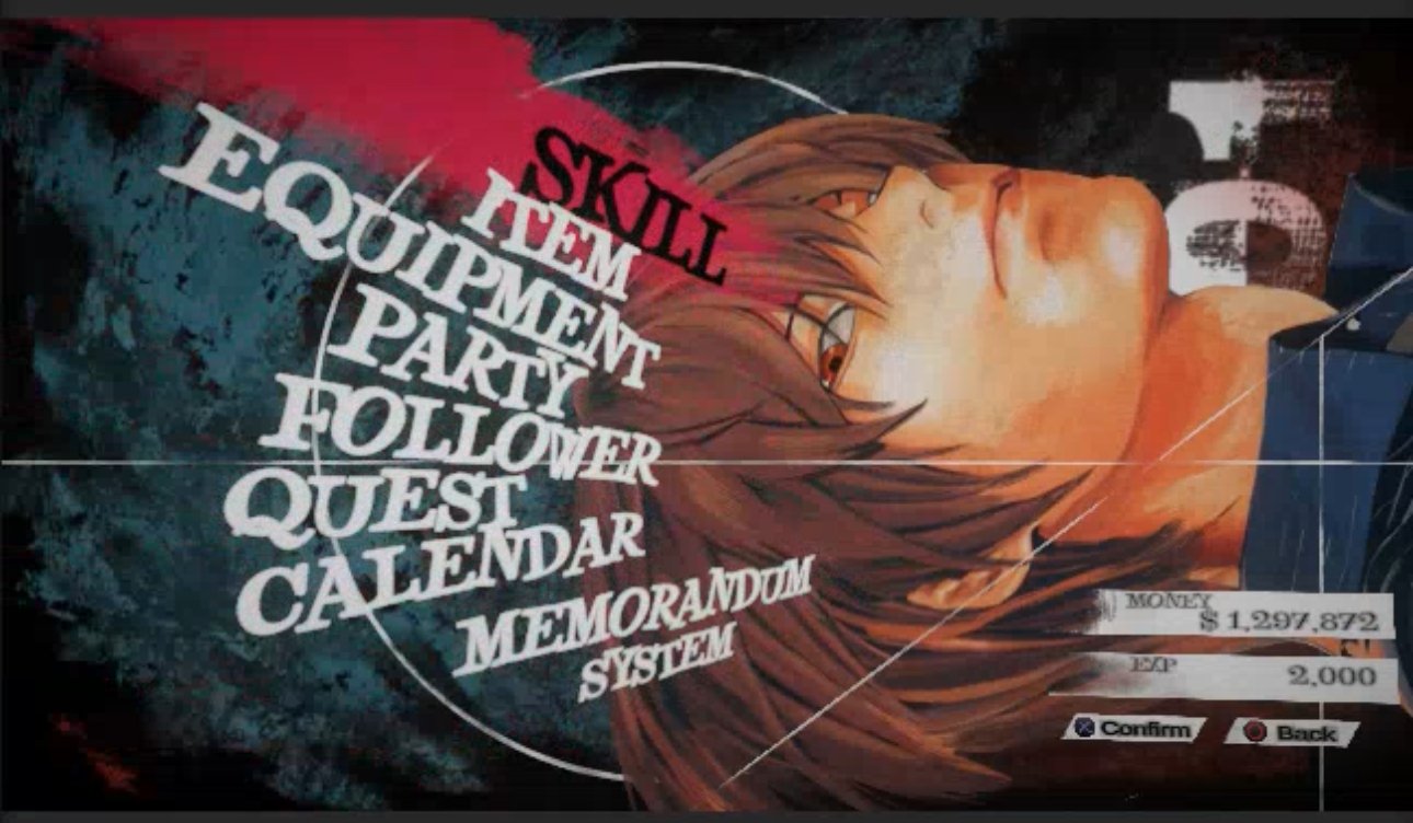 Video game menu screen featuring a female character with long brown hair, with game options including skill, item, equipment, party, follower, quest, calendar, and system, along with the player's money and experience points displayed at the bottom ri