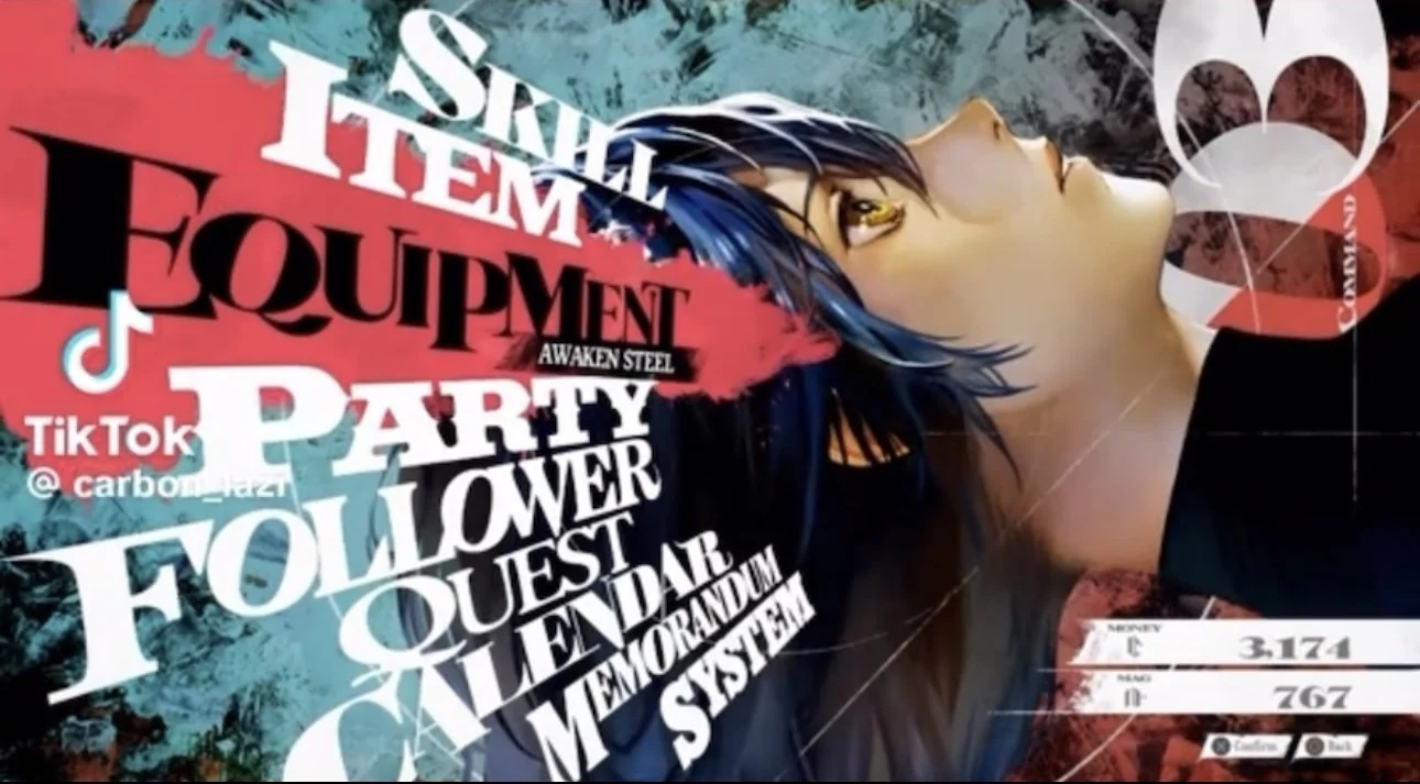Digital artwork featuring a character with dark blue hair and yellow eyes lying sideways. Overlayed with words such as 'Equipment,' 'Party,' and 'Follow' in bold, stylized fonts, with a colorful abstract background.