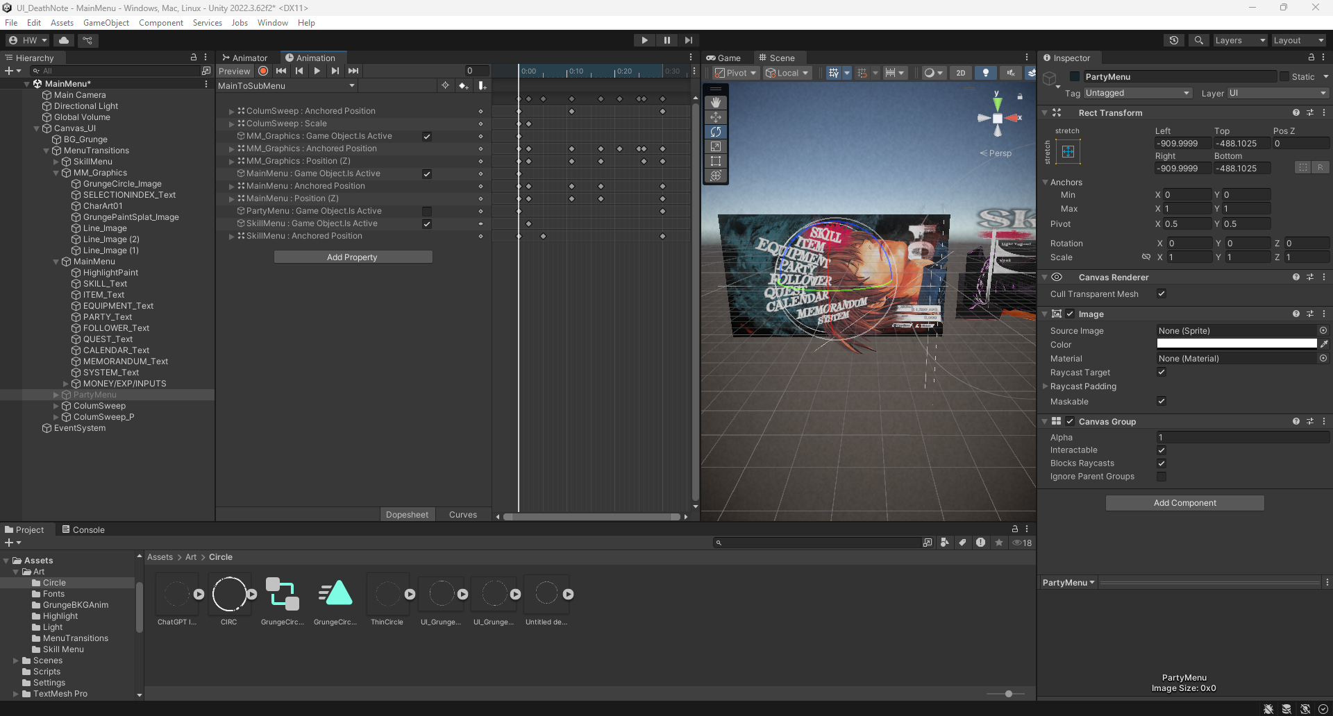 Screenshot of a Unity game development interface showing scene hierarchy, assets, and a 3D scene with a billboard displaying a sports theme with text like 'Skull,' 'Mem', 'Part,' 'Quest,' and 'Calendar'.