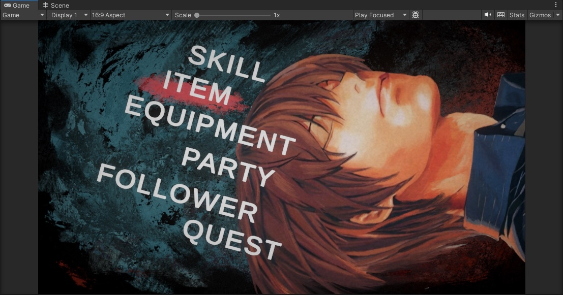 Video game character with brown hair and a blue outfit lying on the ground, with game-related words like skill, item, equipment, party, follower, quest listed on the screen.