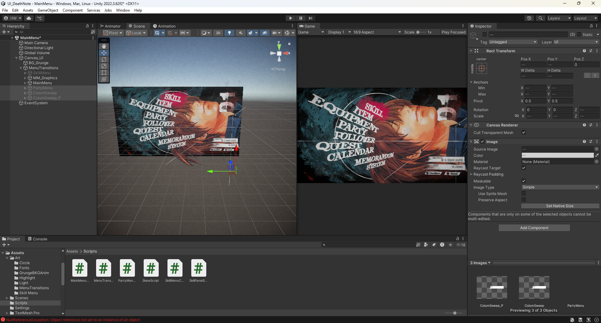 Screenshot of a computer game development interface showing a scene with a 2D menu overlay, including text options like Skill, Item, Equipment, Party, Follower, Quest, Calendar, and Memorial System, and a side panel with object properties.