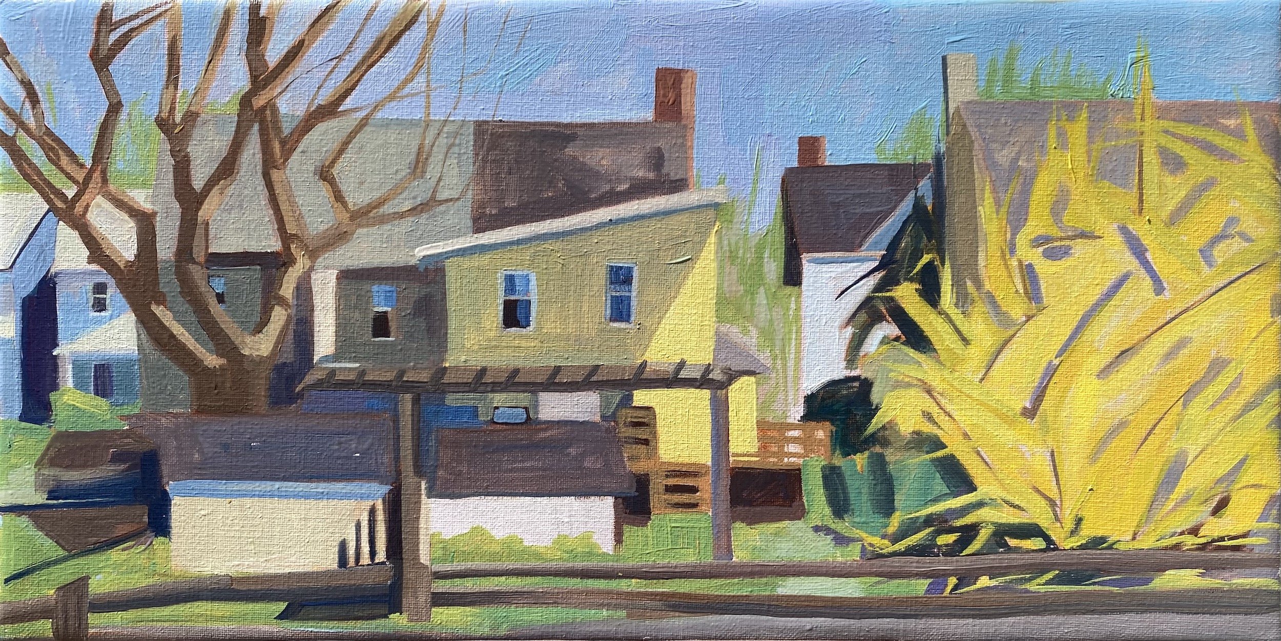 "Yellow Duplex Behind the Factory", 11 x 20 inches, oil on linen, 2023 RESERVED