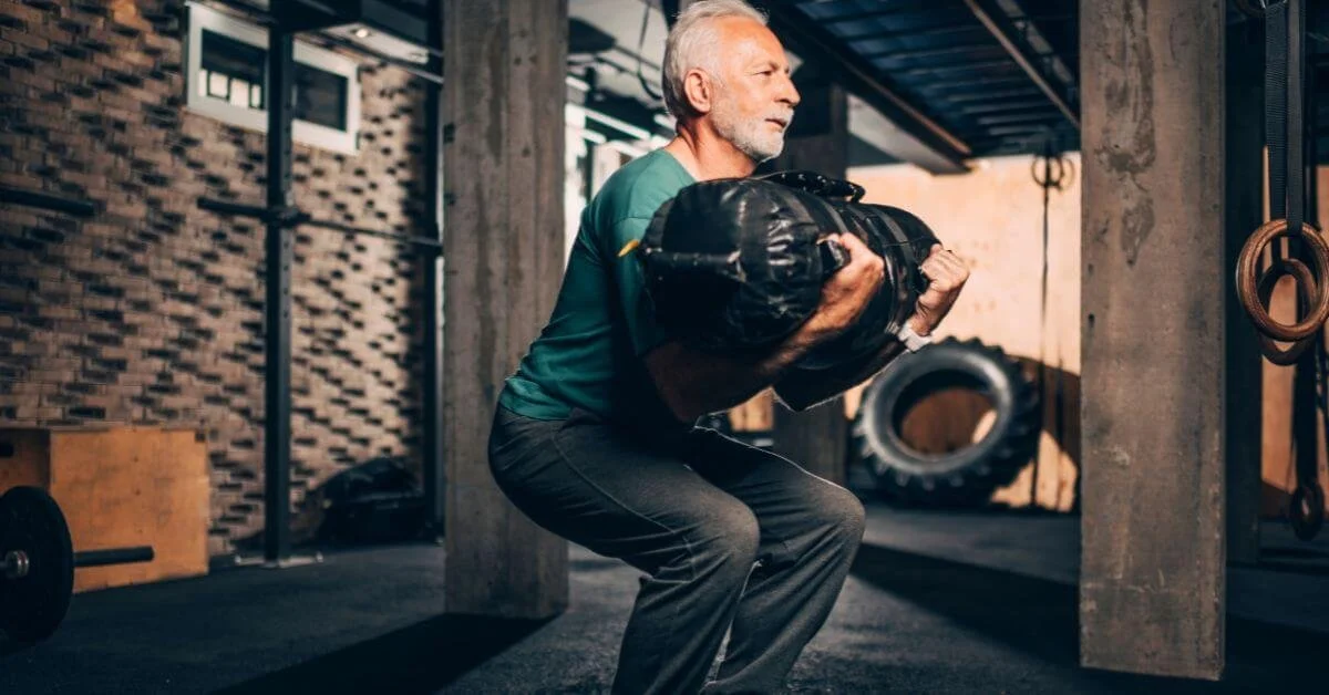 Heavy squat to build bone density in seniors in our building better bones program.