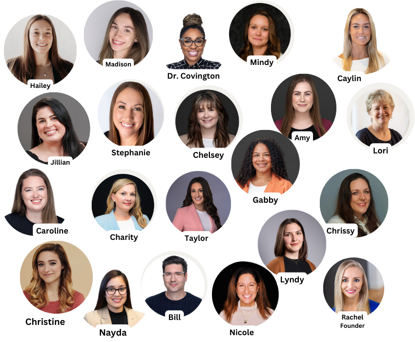 Group photo of diverse women and one man, all smiling with name labels, arranged in a semi-circle pattern, with a plain background.