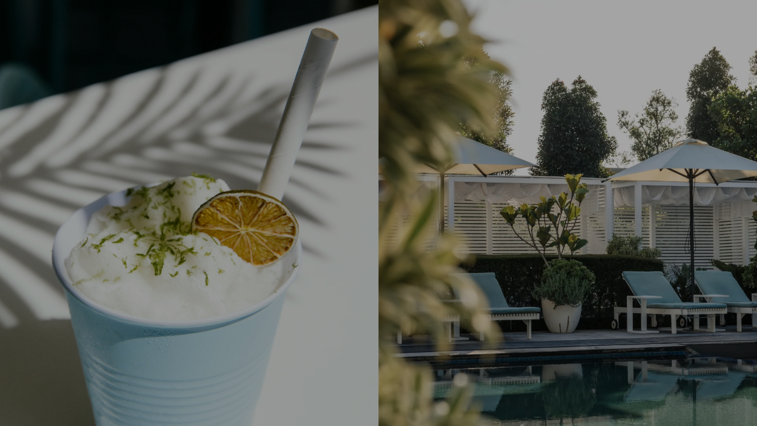 A pale blue cocktail with a lemon slice and straw on a white surface and an outdoor poolside area with lounge chairs, umbrellas, and greenery