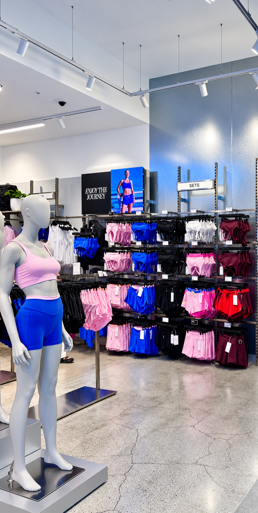LSKD Robina retail interior with mannequin displays, steel fixtures and colour-organised activewear.