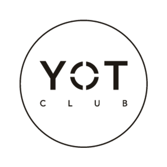 Minimalist logo with the words "YOT CLUB" inside a circle, with "YOT" in large font and "CLUB" in smaller font underneath.