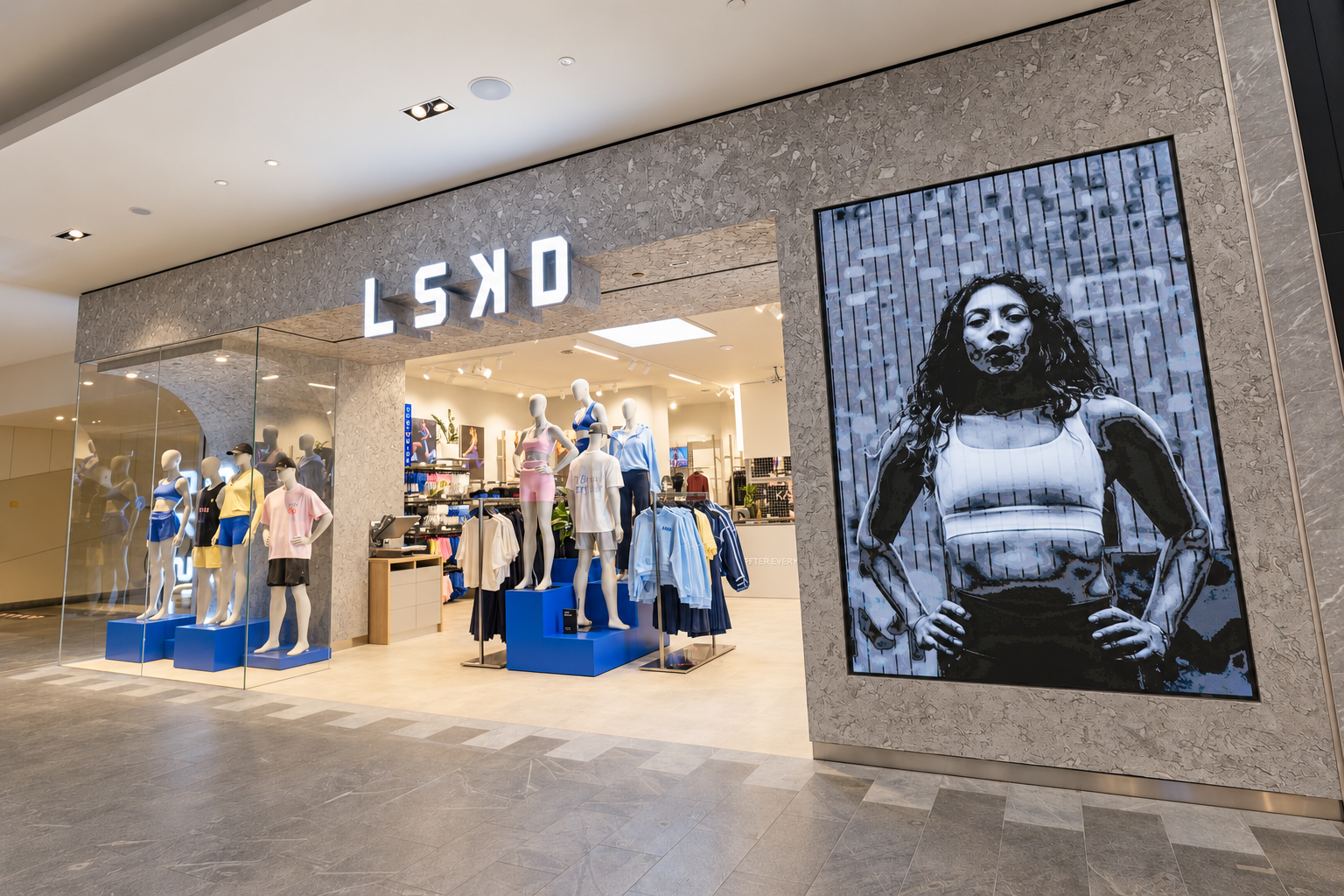 LSKD Karrinyup shopfront designed by Studio A—N, with textured grey curves, glazed mannequin displays, blue plinths and a campaign screen.