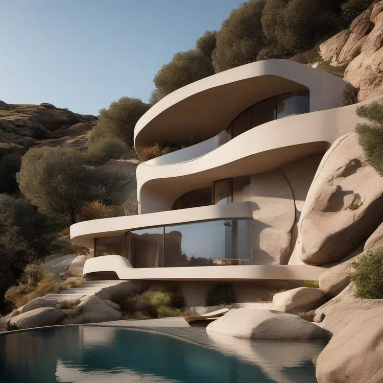 Modern white house built into rocky hillside with large glass windows and multiple curving balconies, overlooking a pool with rocky terrain and desert vegetation.