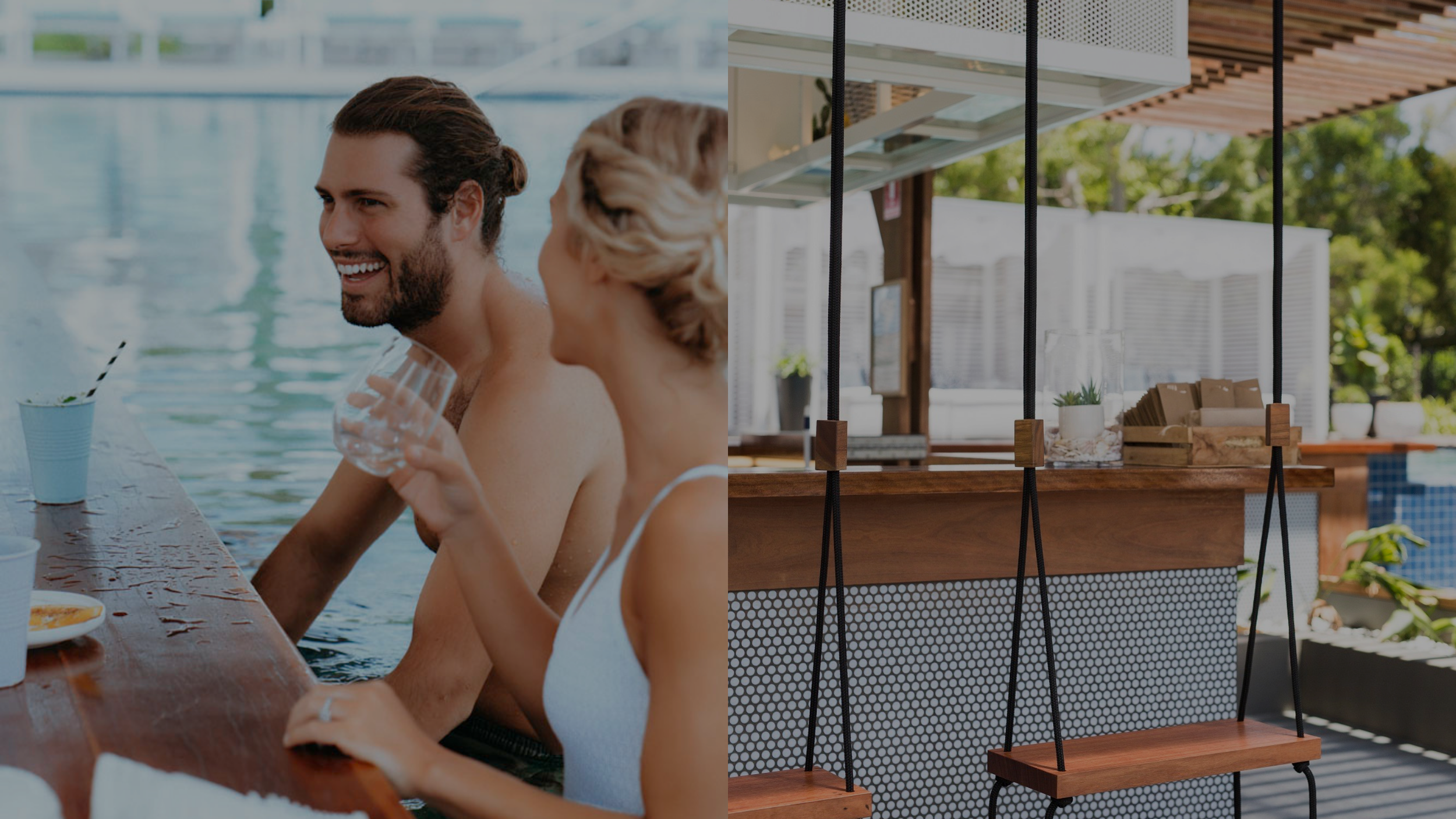 People enjoying drinks at an outdoor poolside bar, with a shot of the bar's hanging shelves and indoor-outdoor setting.