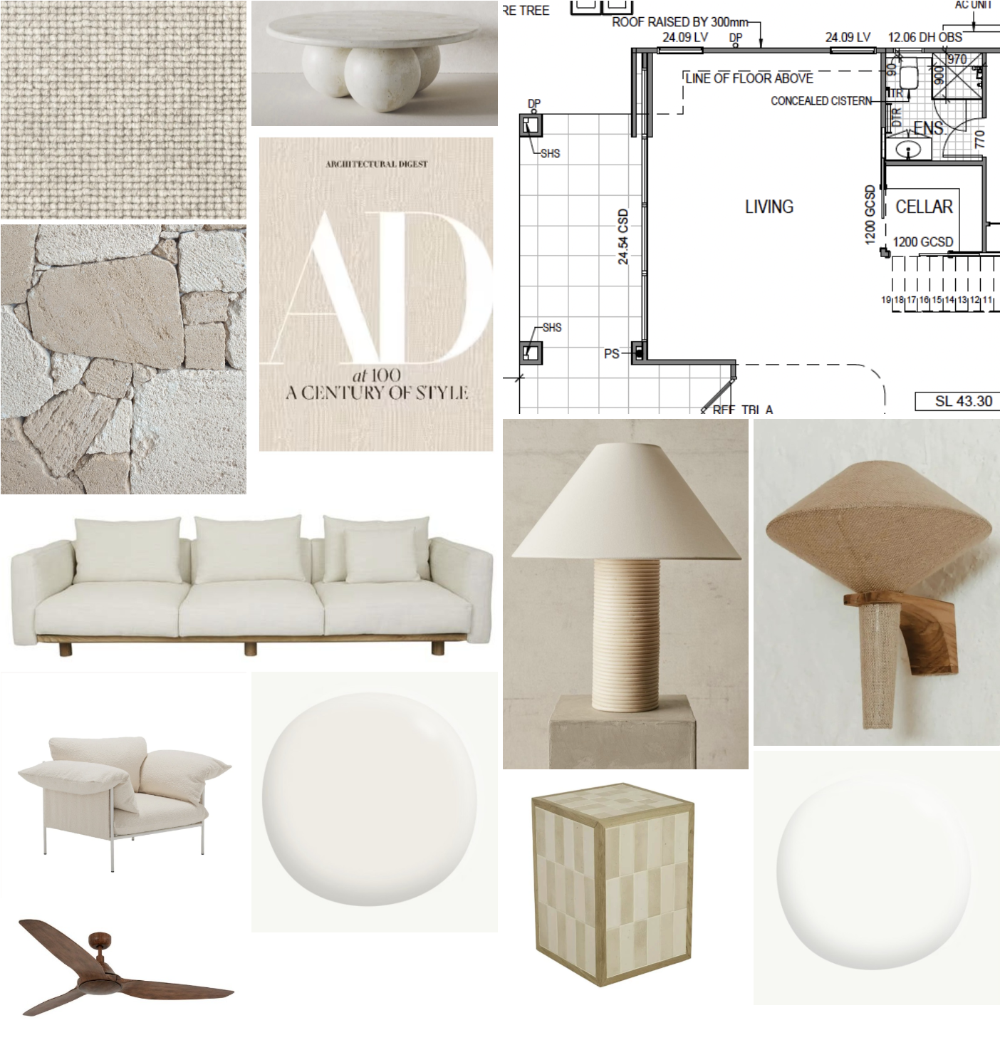 Collage of interior design elements including neutral-colored textured fabrics, a round stone side table, a beige upholstered chair with pillows, a white sofa, a modern lampshade, wooden wall art, a decorative wooden block, a ceiling fan, a construct