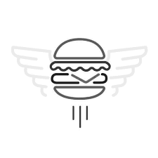 A line drawing of a flying burger with wings.