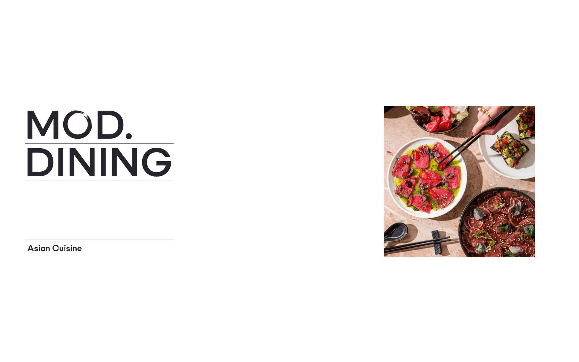 Cover page showing Asian cuisine, including bowls of sashimi, salad, and another dish, with chopsticks and black spoons on a marble table.